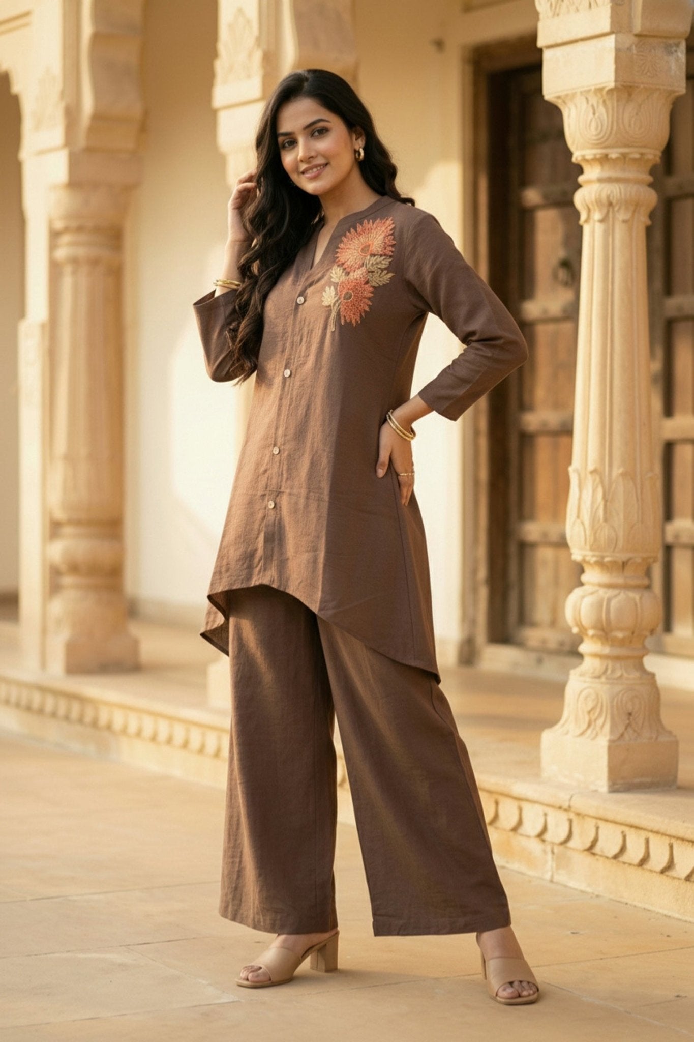 Brown Co-ord Set with Floral Embellished Top - Freyaa USA & Canada