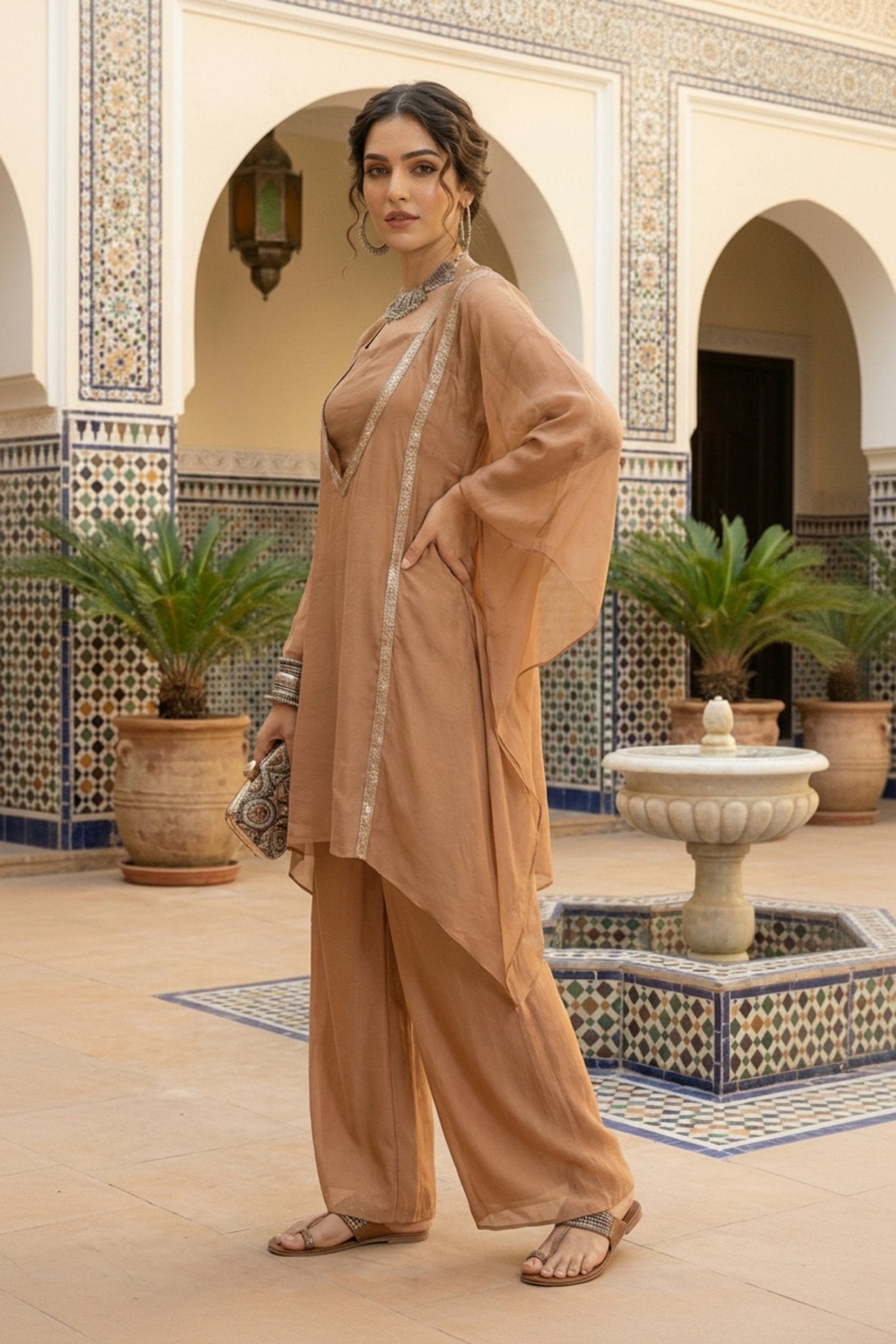 Embroidered Deep Neck Co-ord Set with Inner - Freyaa USA & Canada