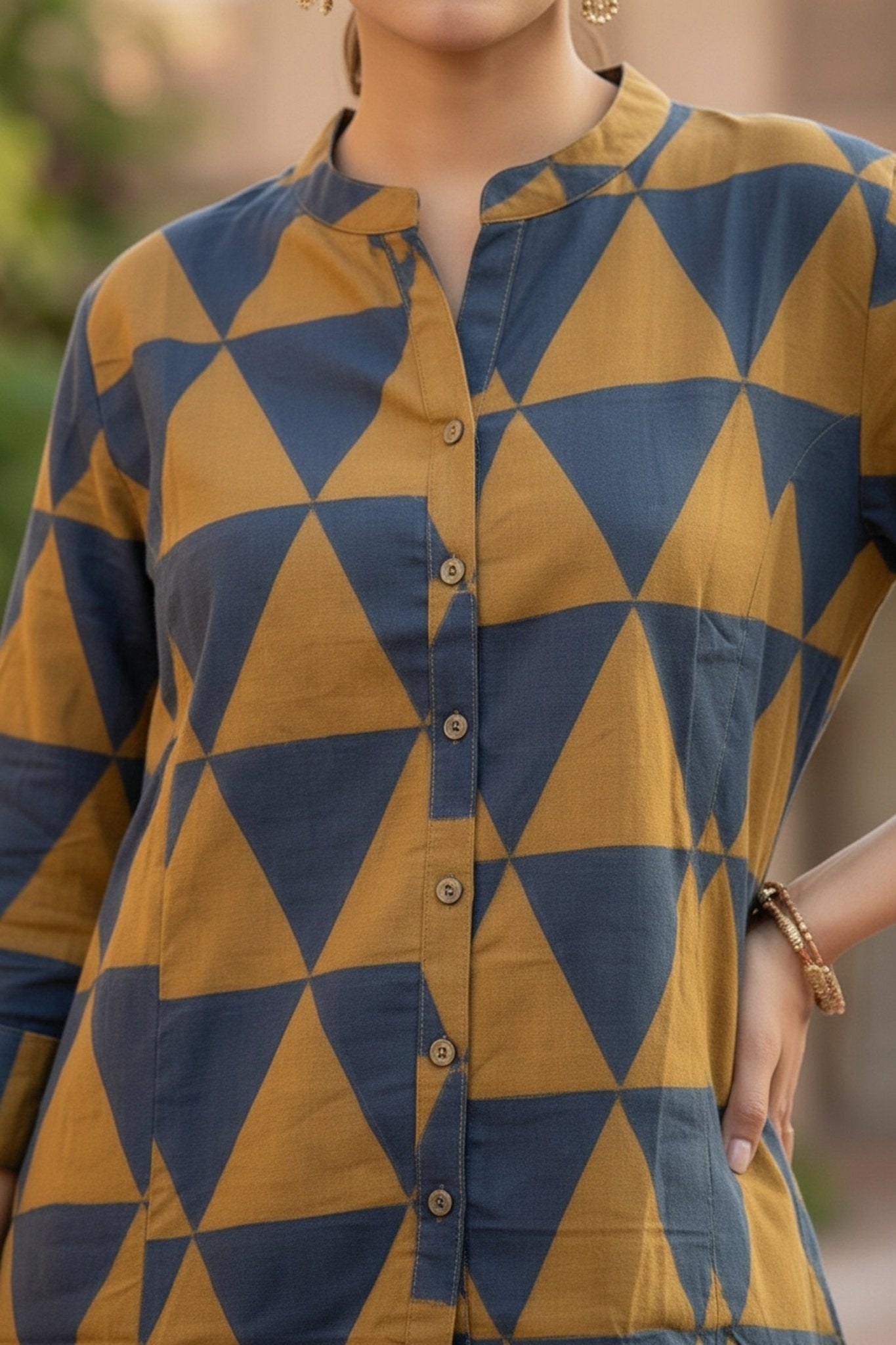 Mustard Cotton Top with Geometric Design - Freyaa USA & Canada