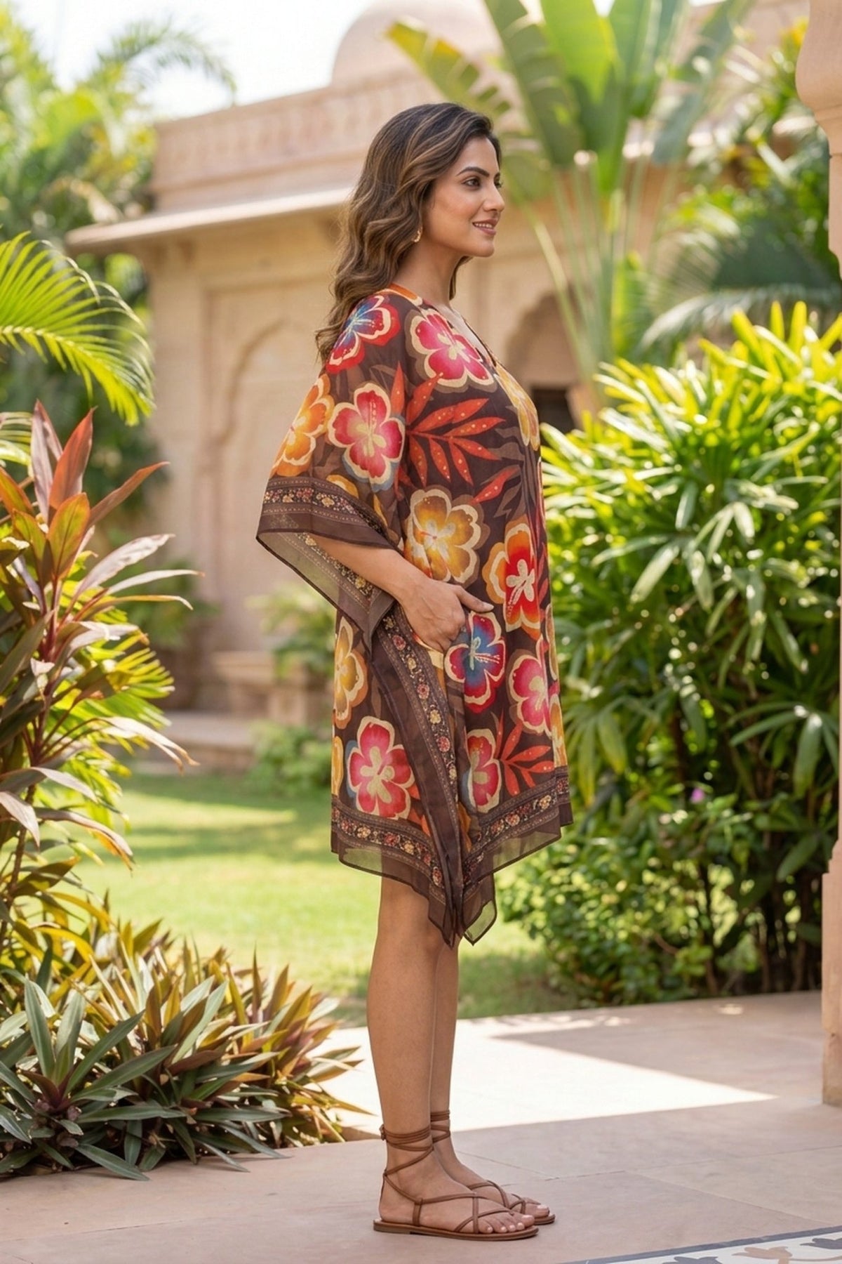 Floral Print Chinon Short Kaftan - Freyaa USA & Canada