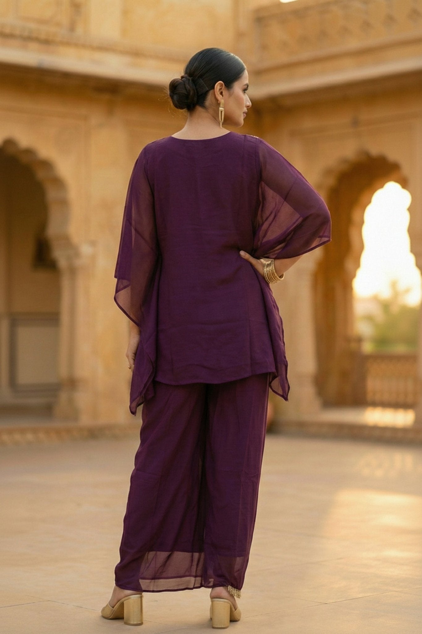 Wine Embroidered Dhoti Style Co-ord Set - Freyaa USA & Canada