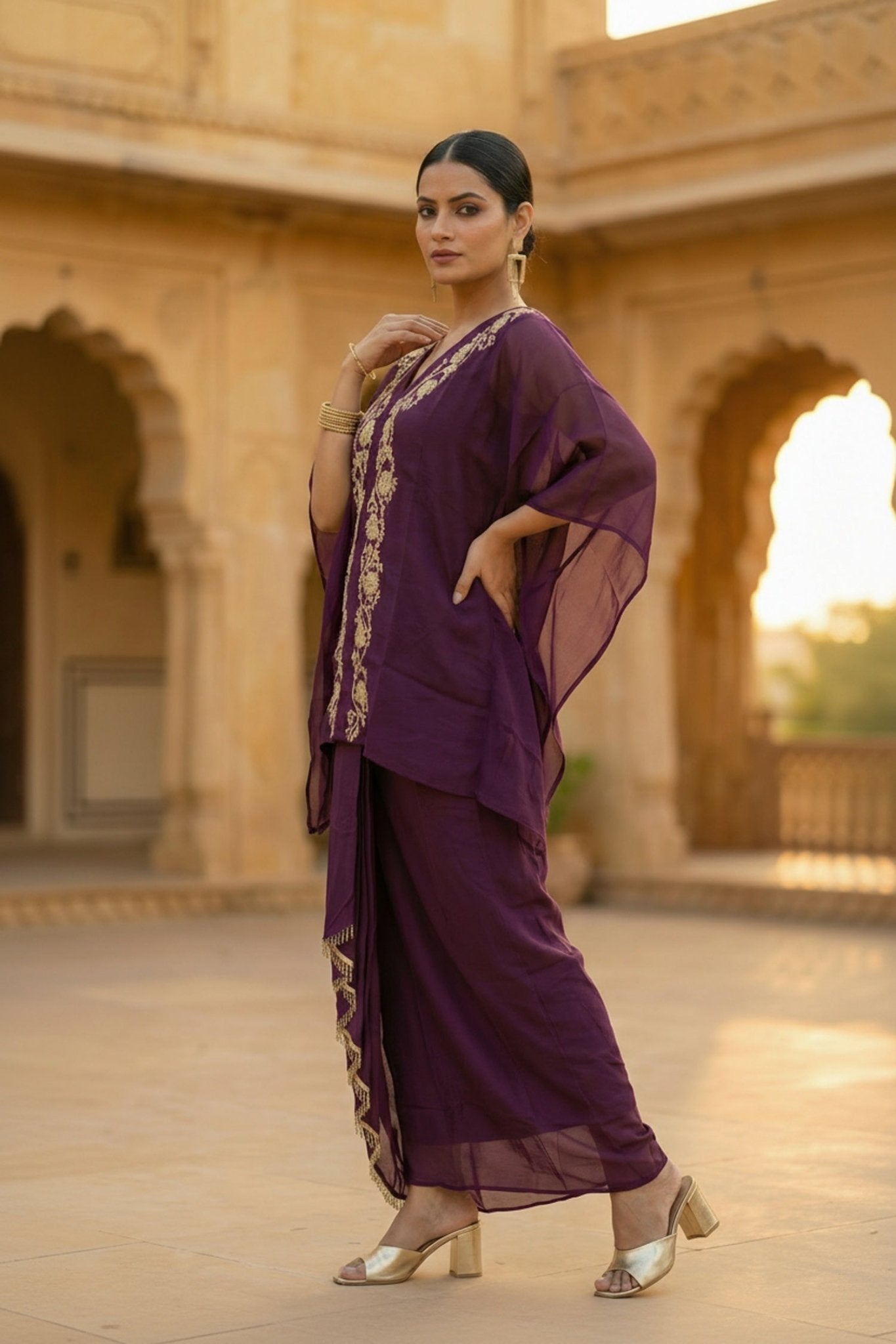 Wine Embroidered Dhoti Style Co-ord Set - Freyaa USA & Canada