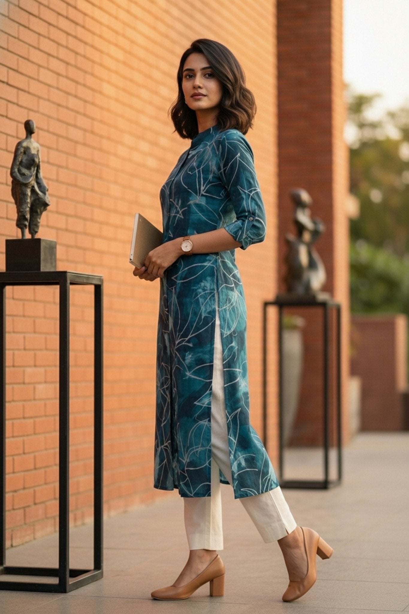 Blue Printed Cotton Long Kurti - Freyaa USA & Canada