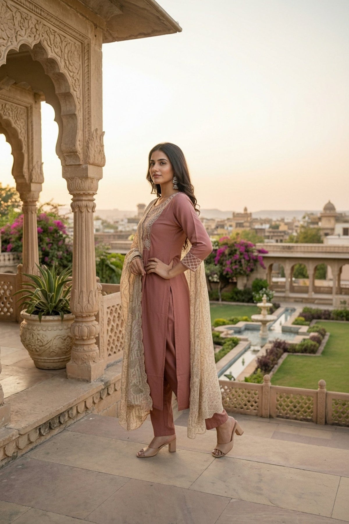 Onion Pink Embroidered Kurta Set with Tissue Silk Dupatta - Freyaa USA & Canada