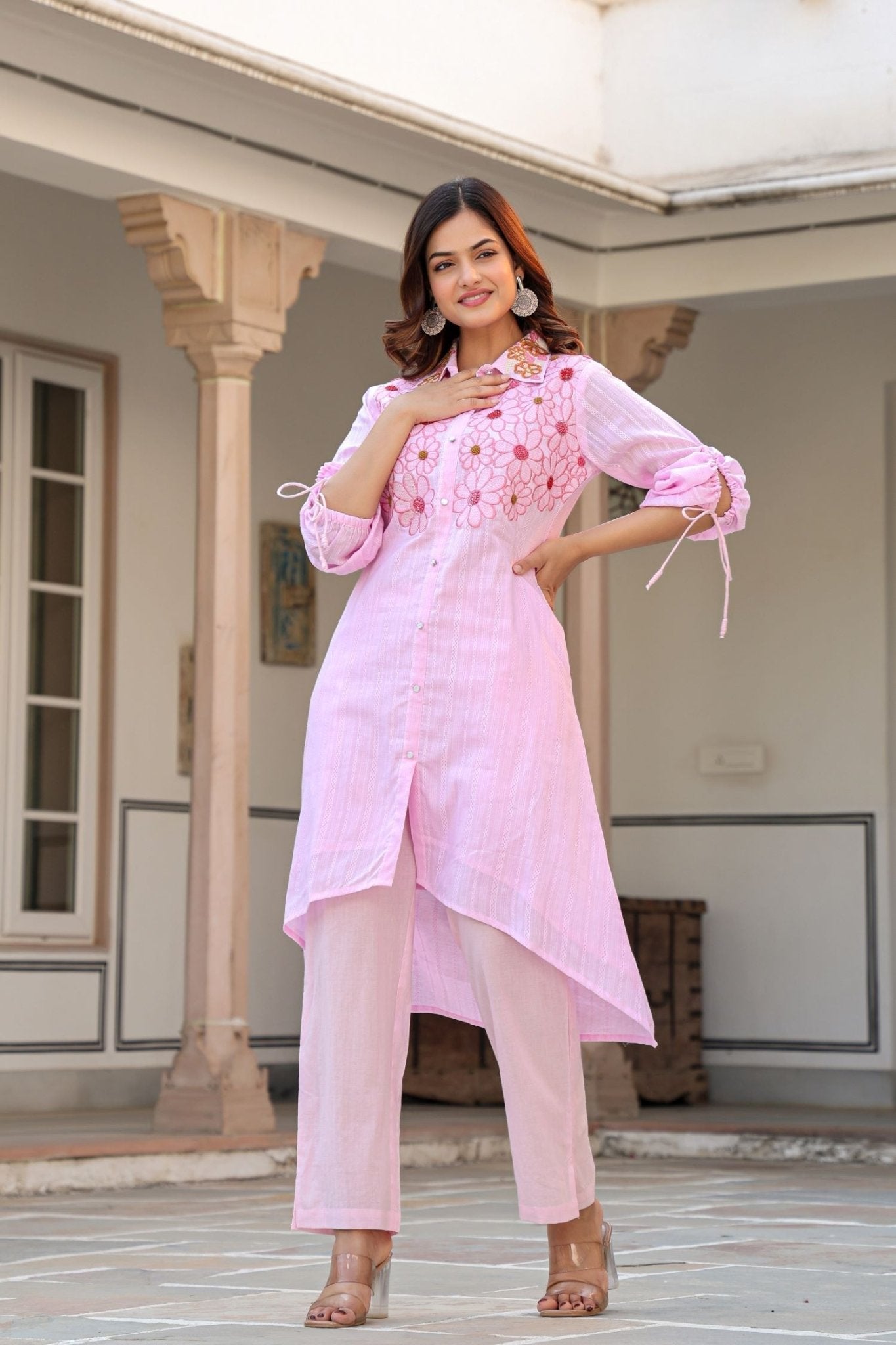 Baby Pink Cord Set Highlighted with Floral Thread Work & Collar Design - Freyaa USA & Canada