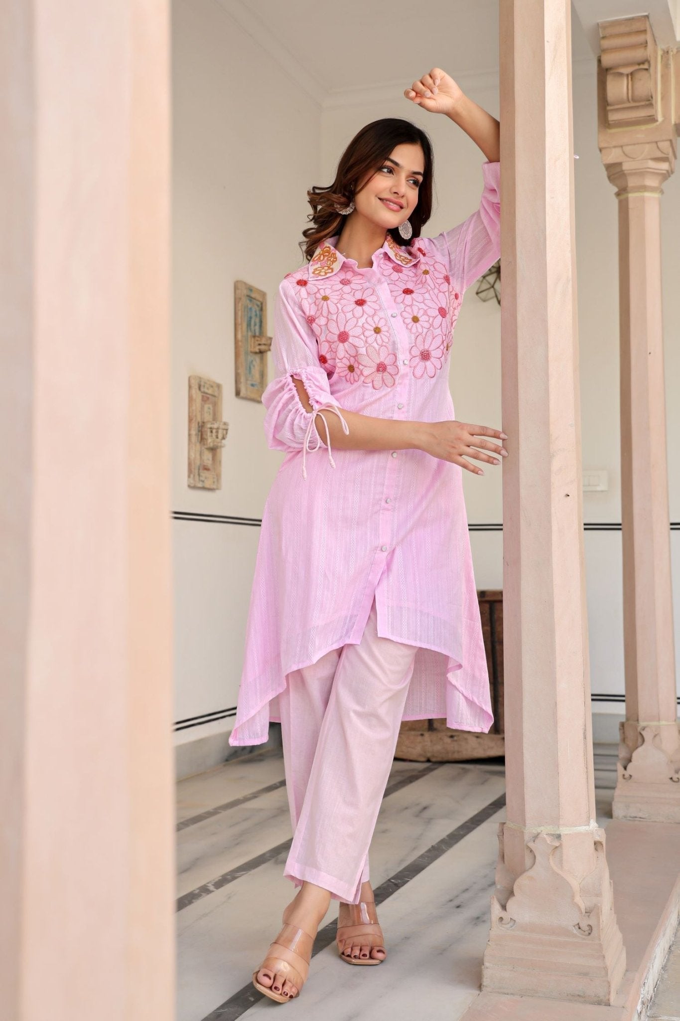 Baby Pink Cord Set Highlighted with Floral Thread Work & Collar Design - Freyaa USA & Canada
