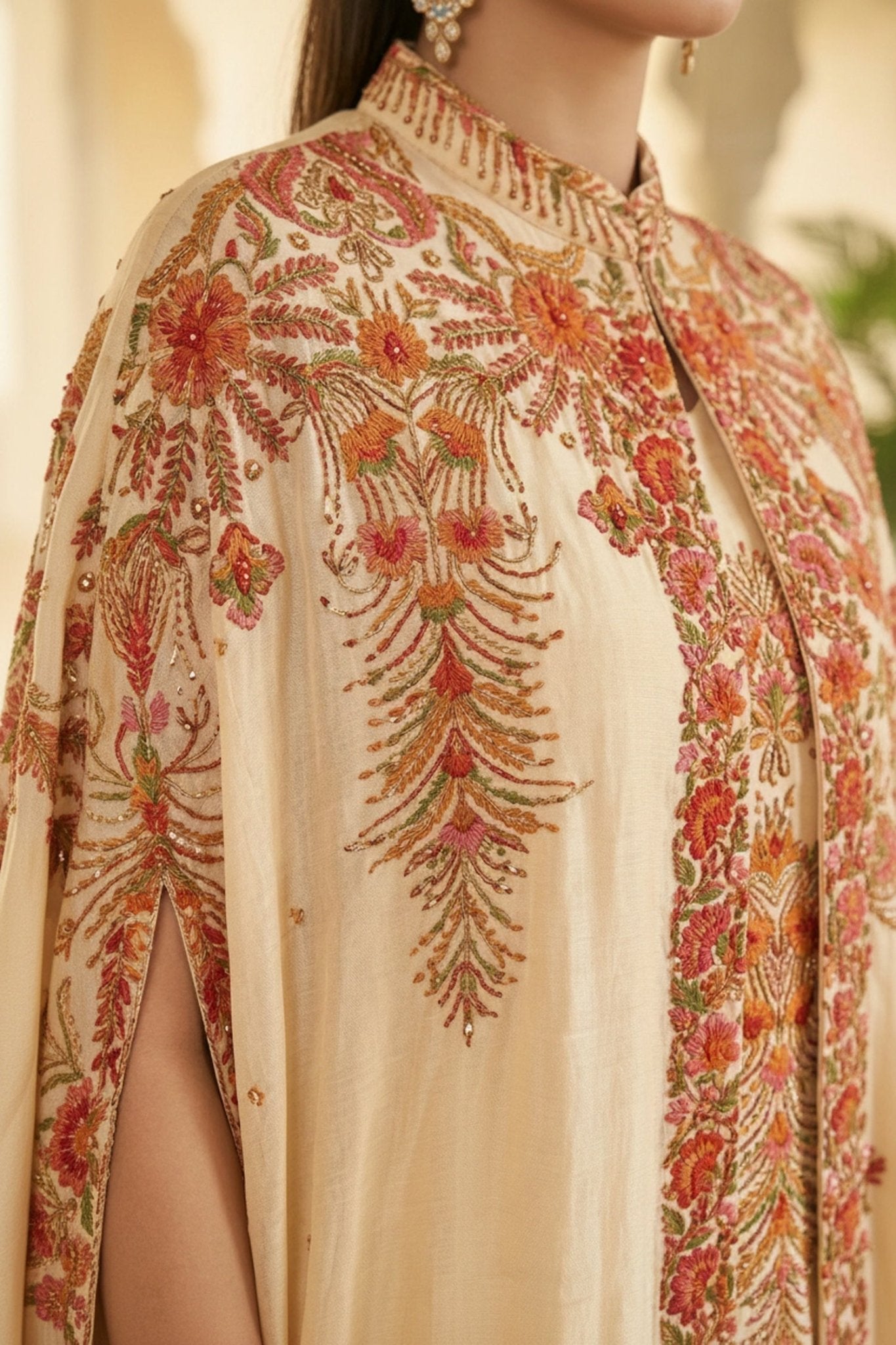 Cream Chinon Kaftan Set with Embroidered Jacket - Freyaa USA & Canada