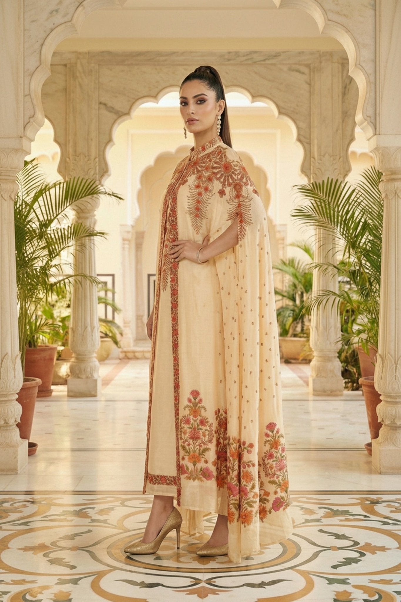 Cream Chinon Kaftan Set with Embroidered Jacket - Freyaa USA & Canada