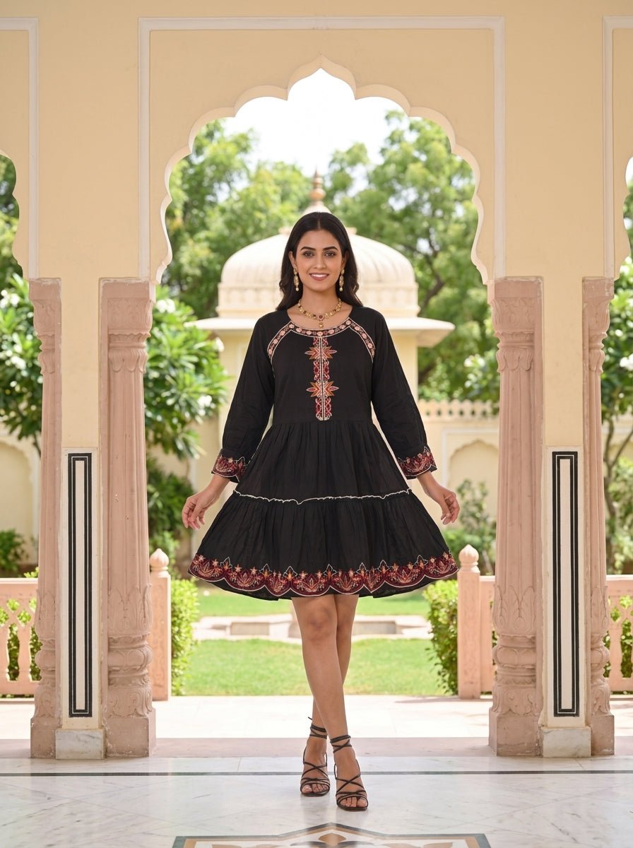 Black Floral Embroidered Short Tunic Dress - Freyaa USA & Canada
