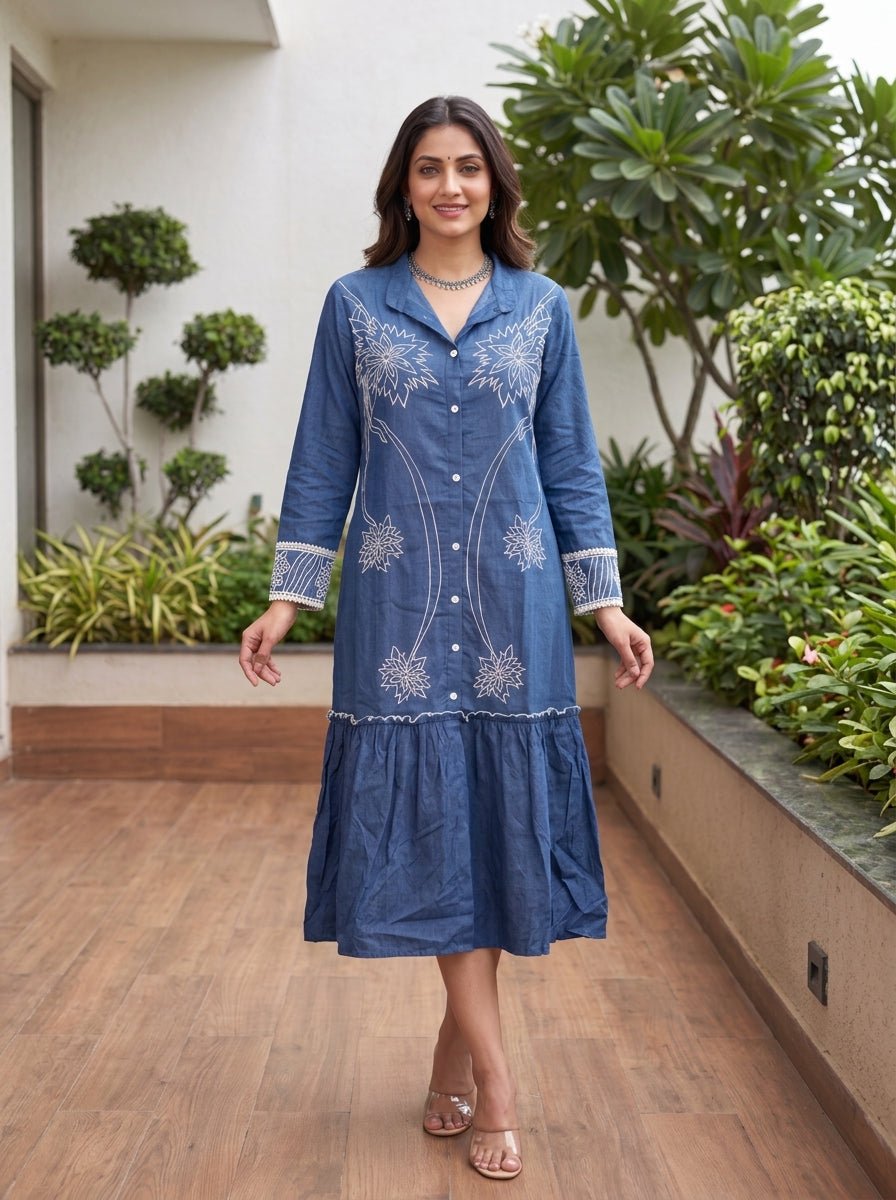Royal Blue Floral Embroidery Long Dress - Freyaa USA & Canada