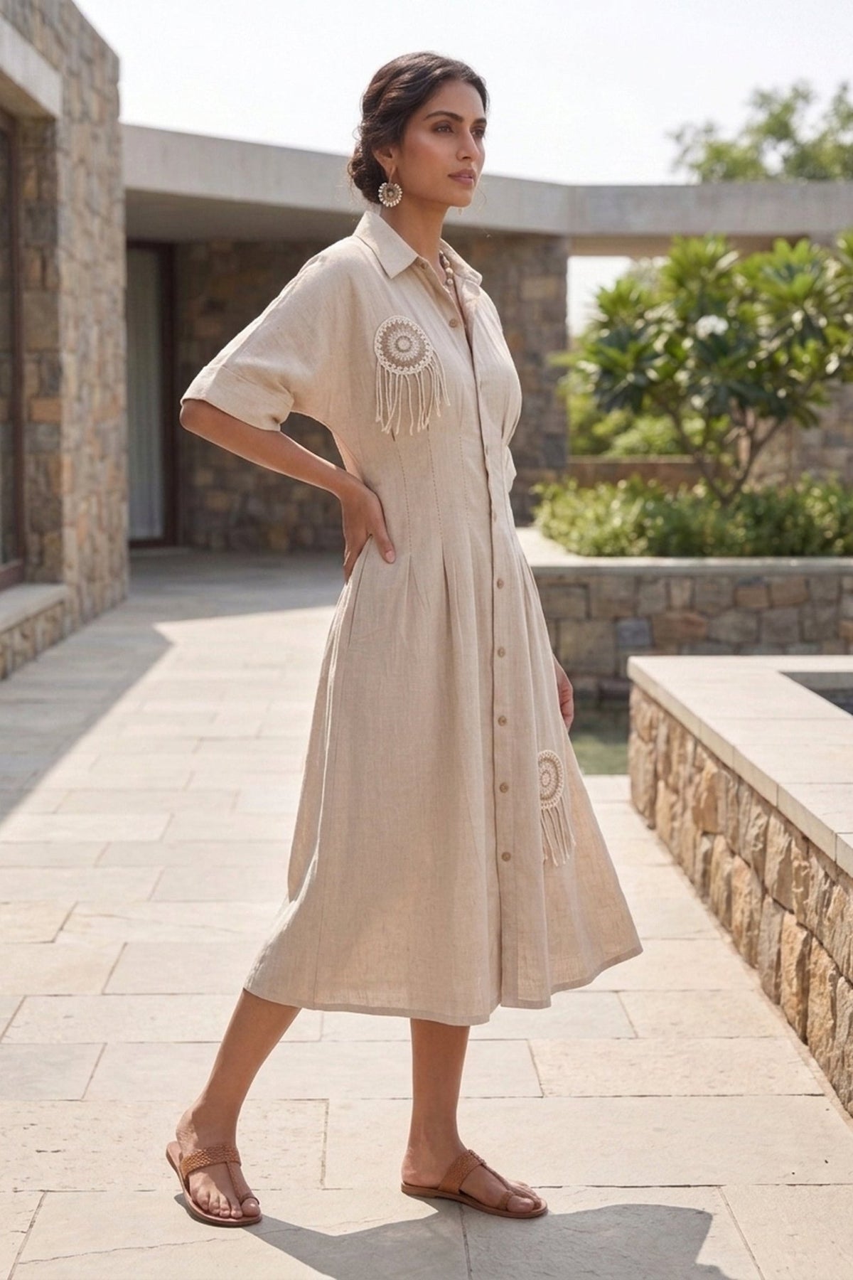 Beige Pleated Jute Boho Dress. - Freyaa