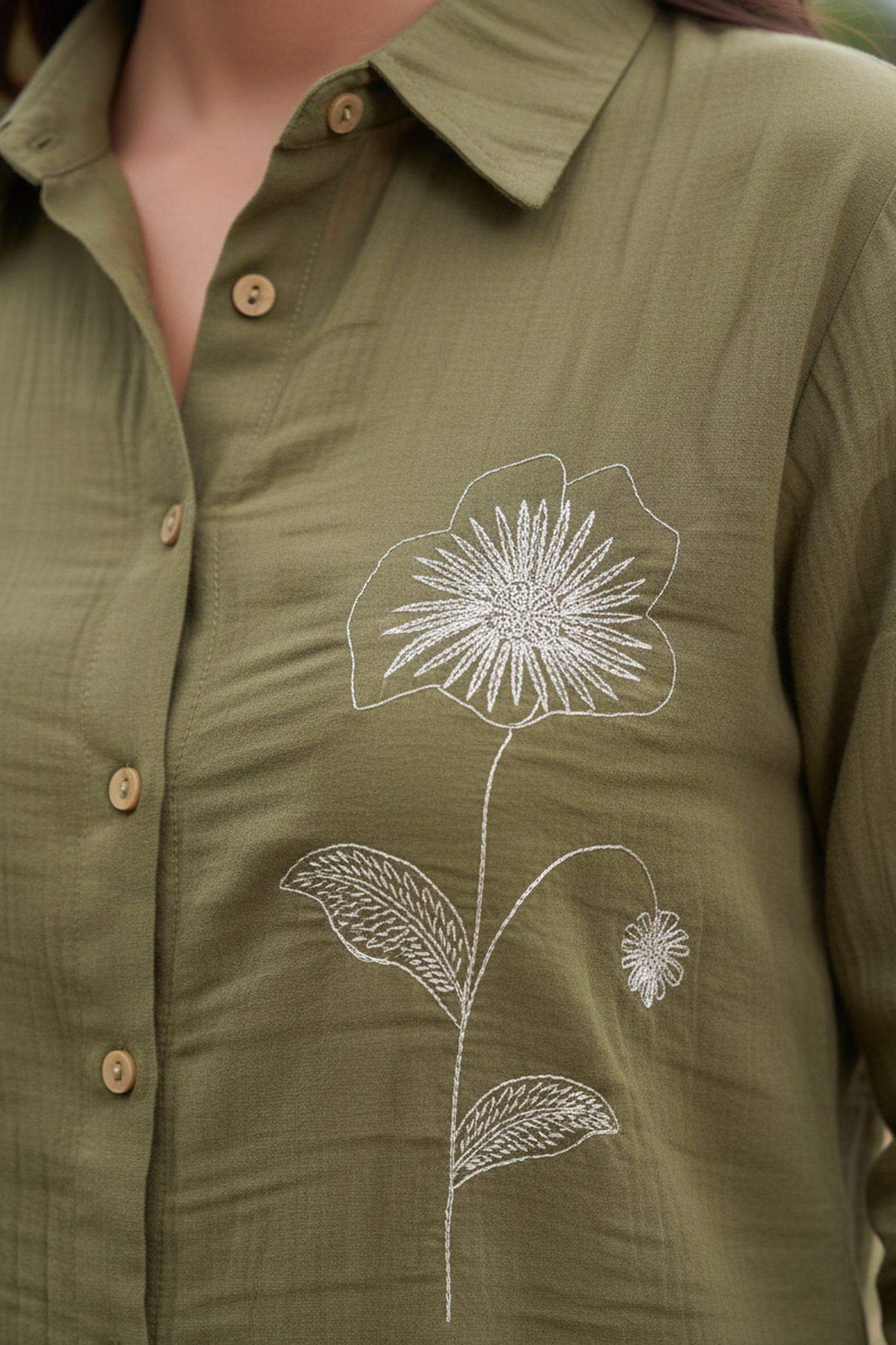 Olive Green Cotton Shirt with White Floral Embroidery