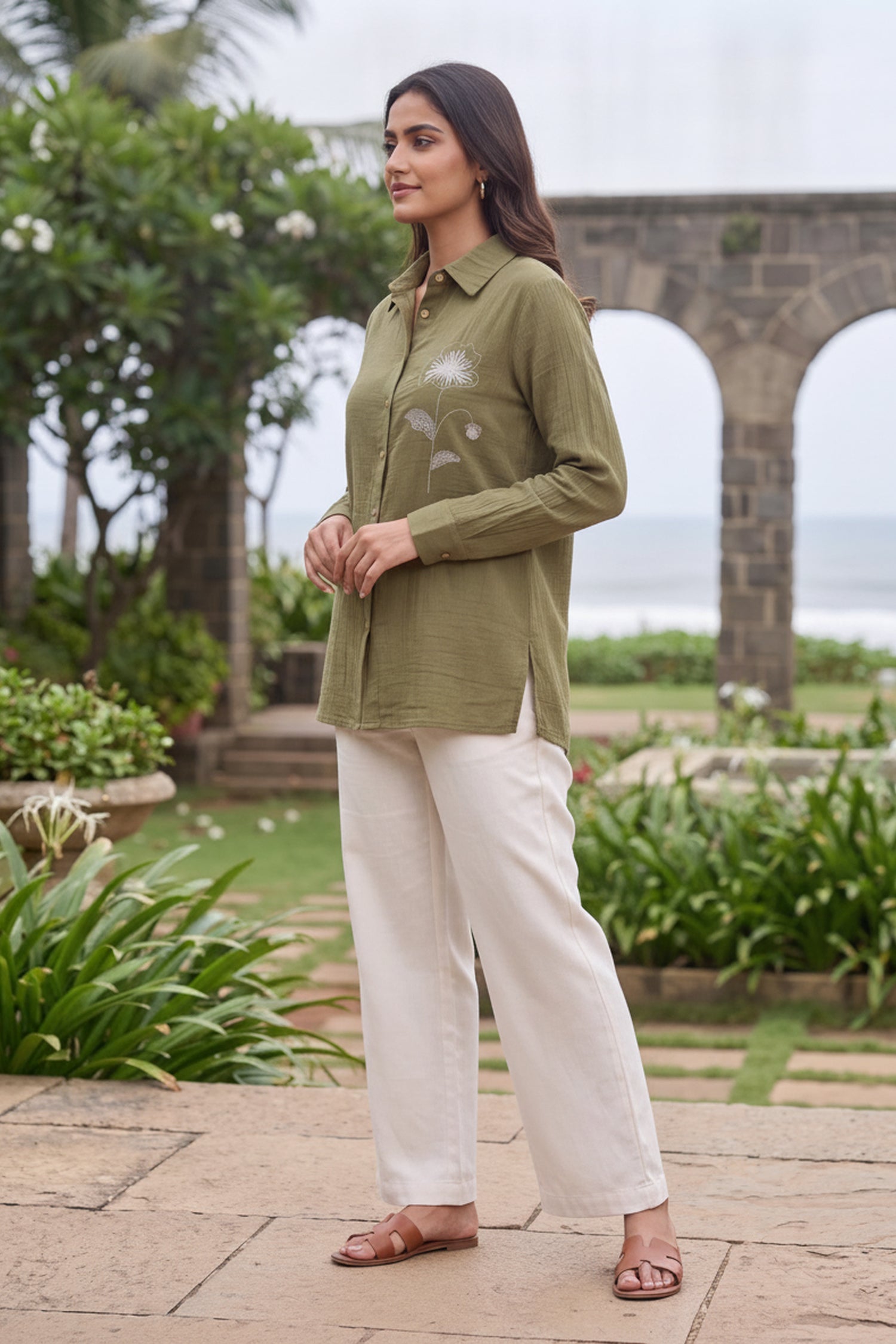 Olive Green Cotton Shirt with White Floral Embroidery