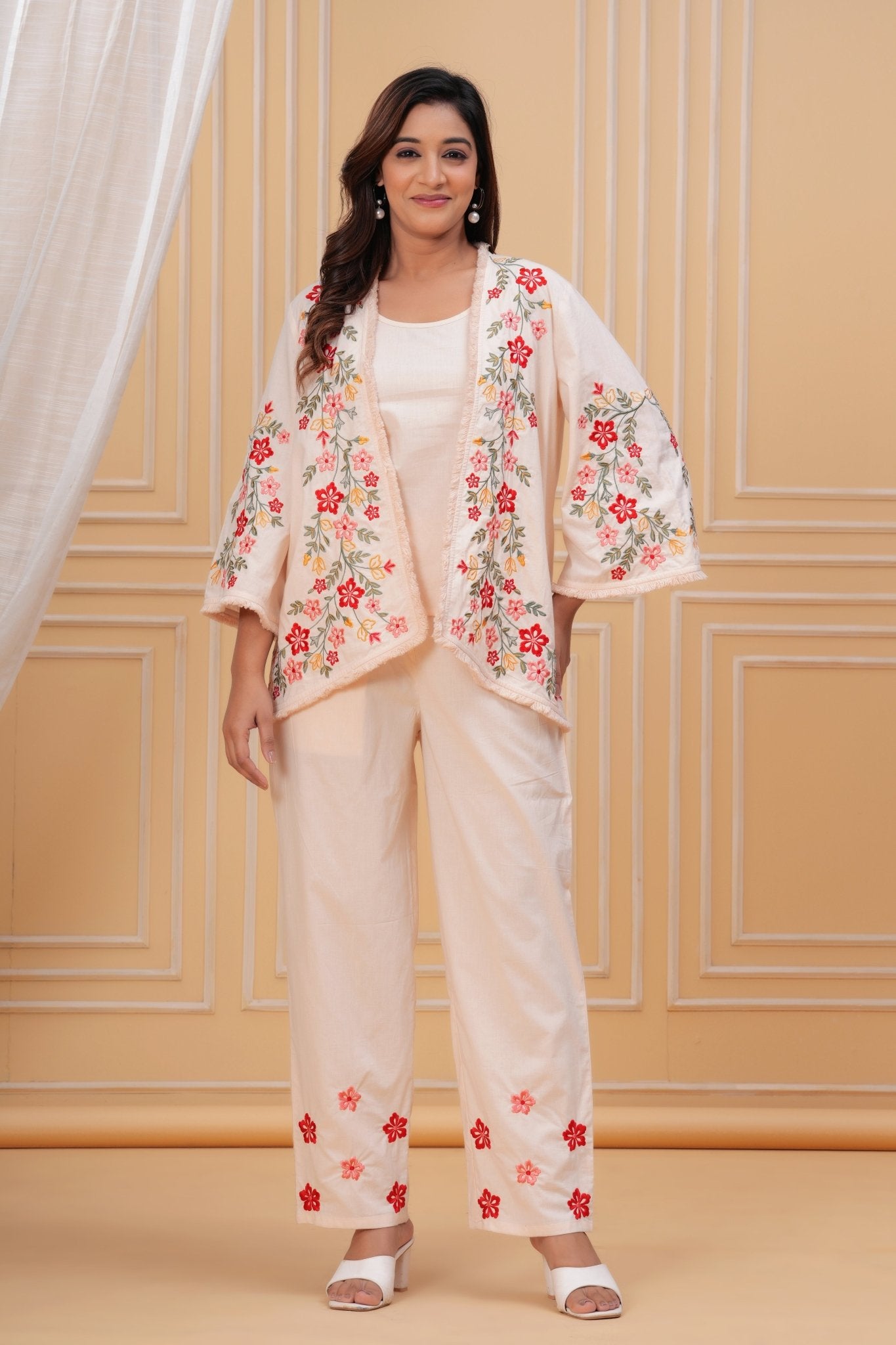 Blossom Beige Floral Threadwork Cord Set - Freyaa USA & Canada