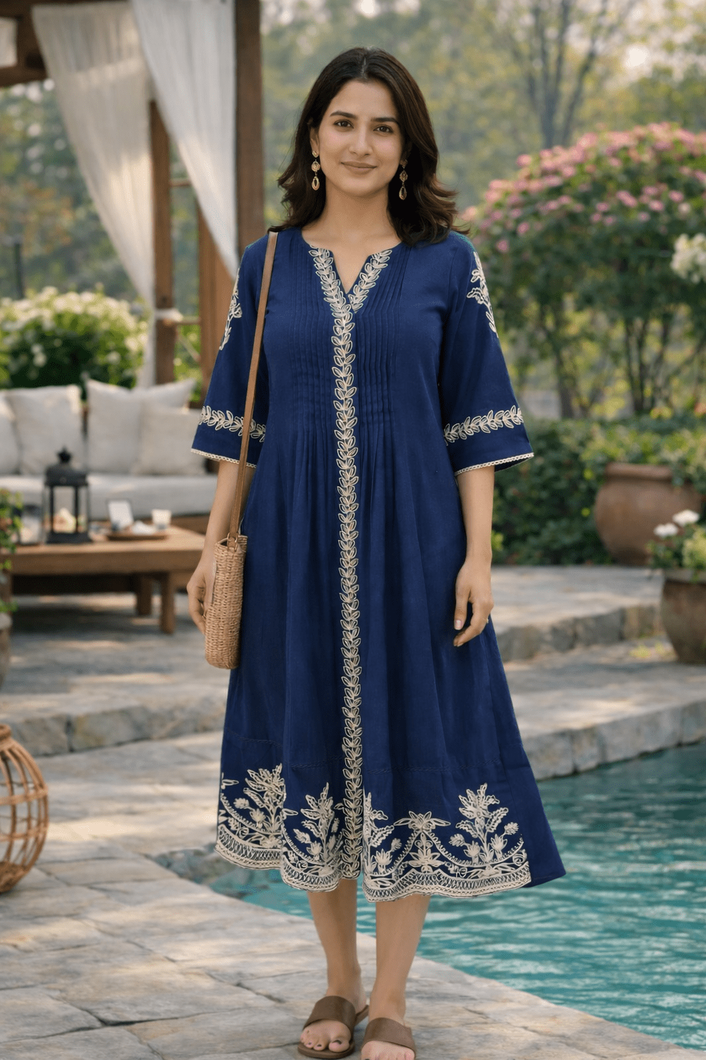 Navy Blue Embroidered Long Dress with Flared Fit - Freyaa USA & Canada
