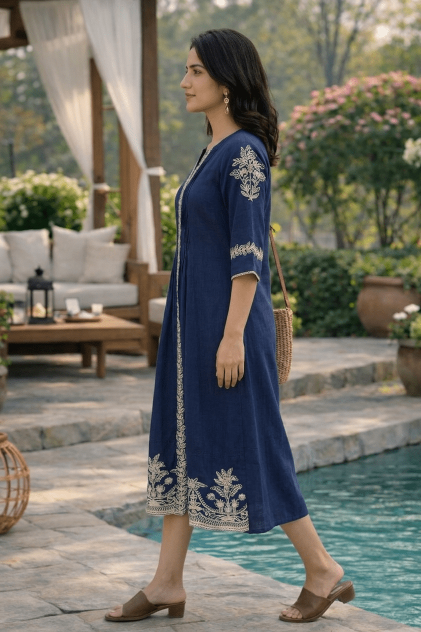 Navy Blue Embroidered Long Dress with Flared Fit - Freyaa USA & Canada
