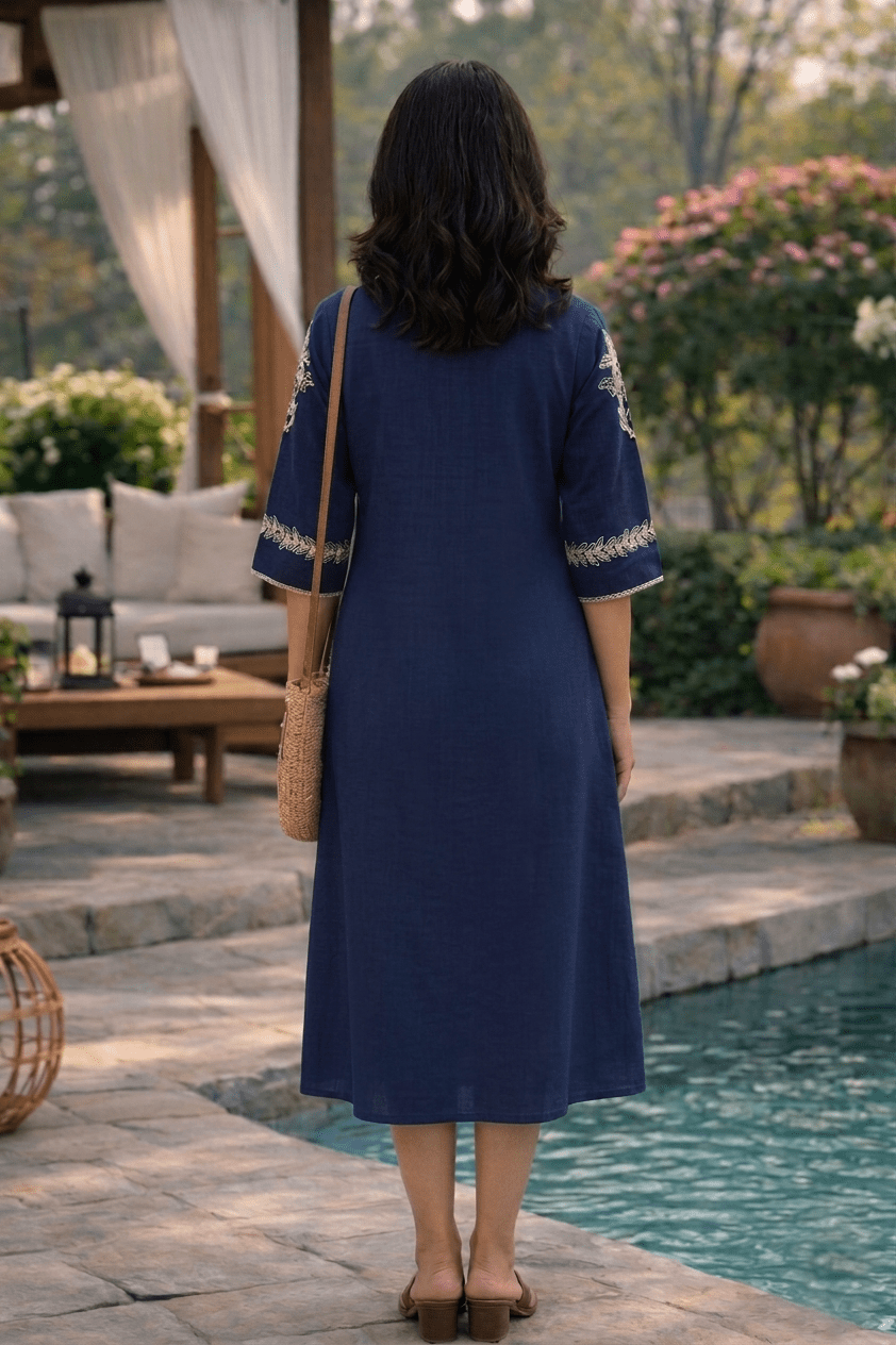 Navy Blue Embroidered Long Dress with Flared Fit - Freyaa USA & Canada