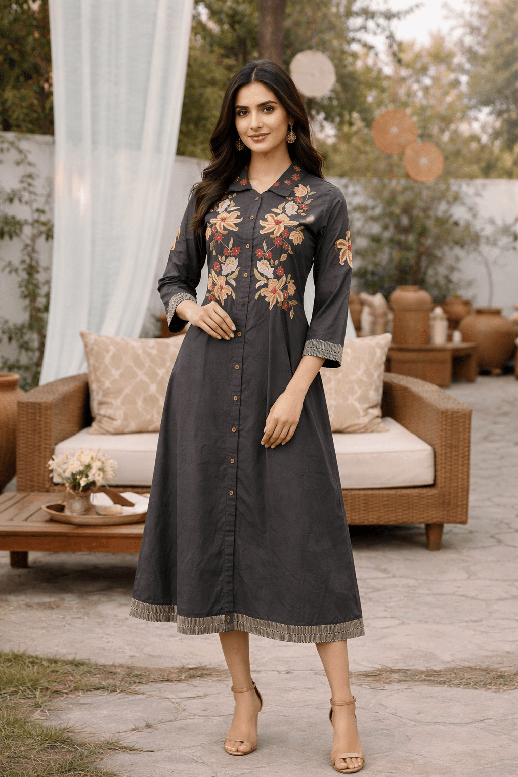Grey Embroidered Long Dress with A-Line Fit - Freyaa USA & Canada
