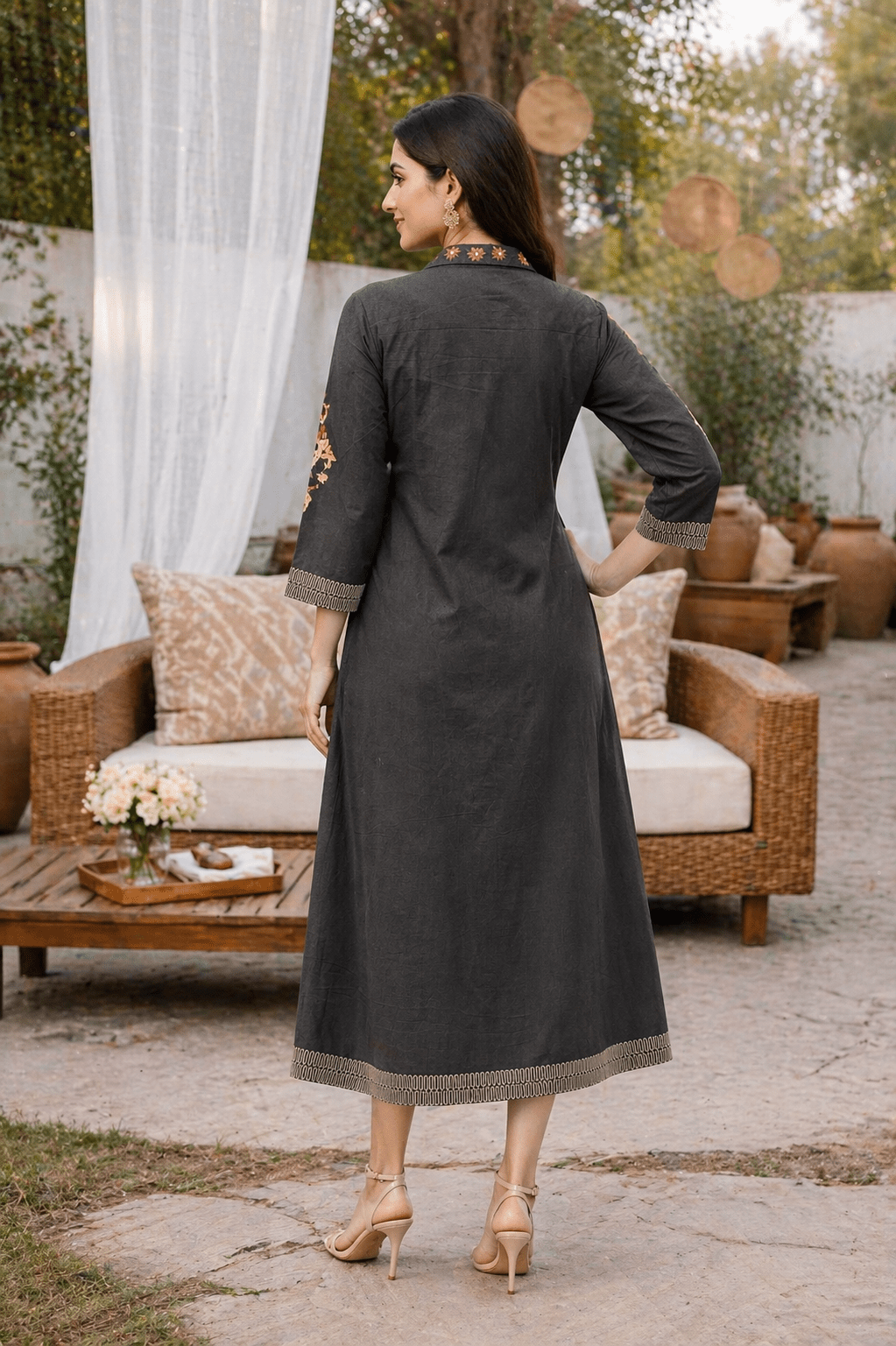 Grey Embroidered Long Dress with A-Line Fit - Freyaa USA & Canada