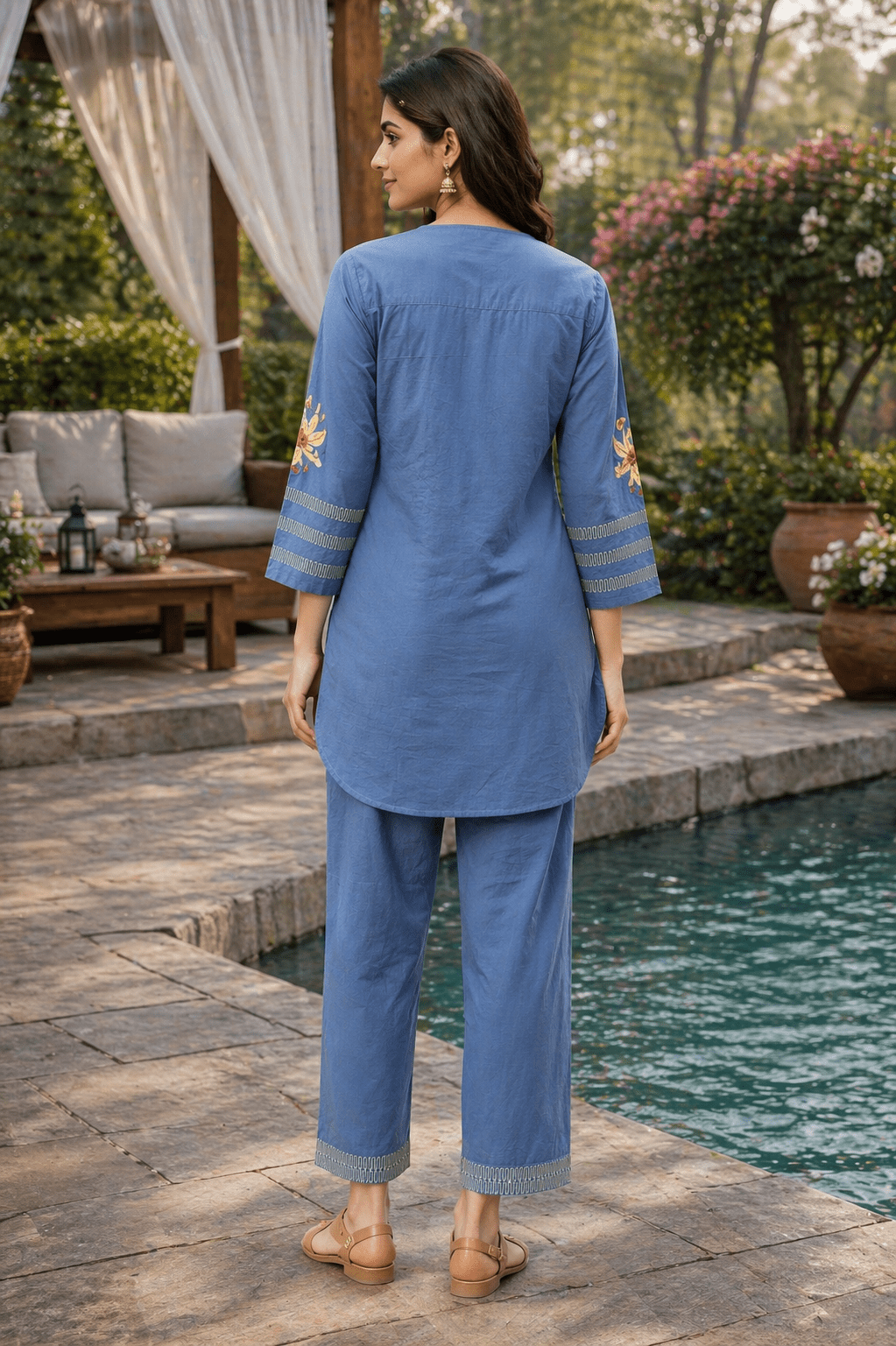 Blue Embroidered Co-ord Set with Button-Down Top - Freyaa USA & Canada