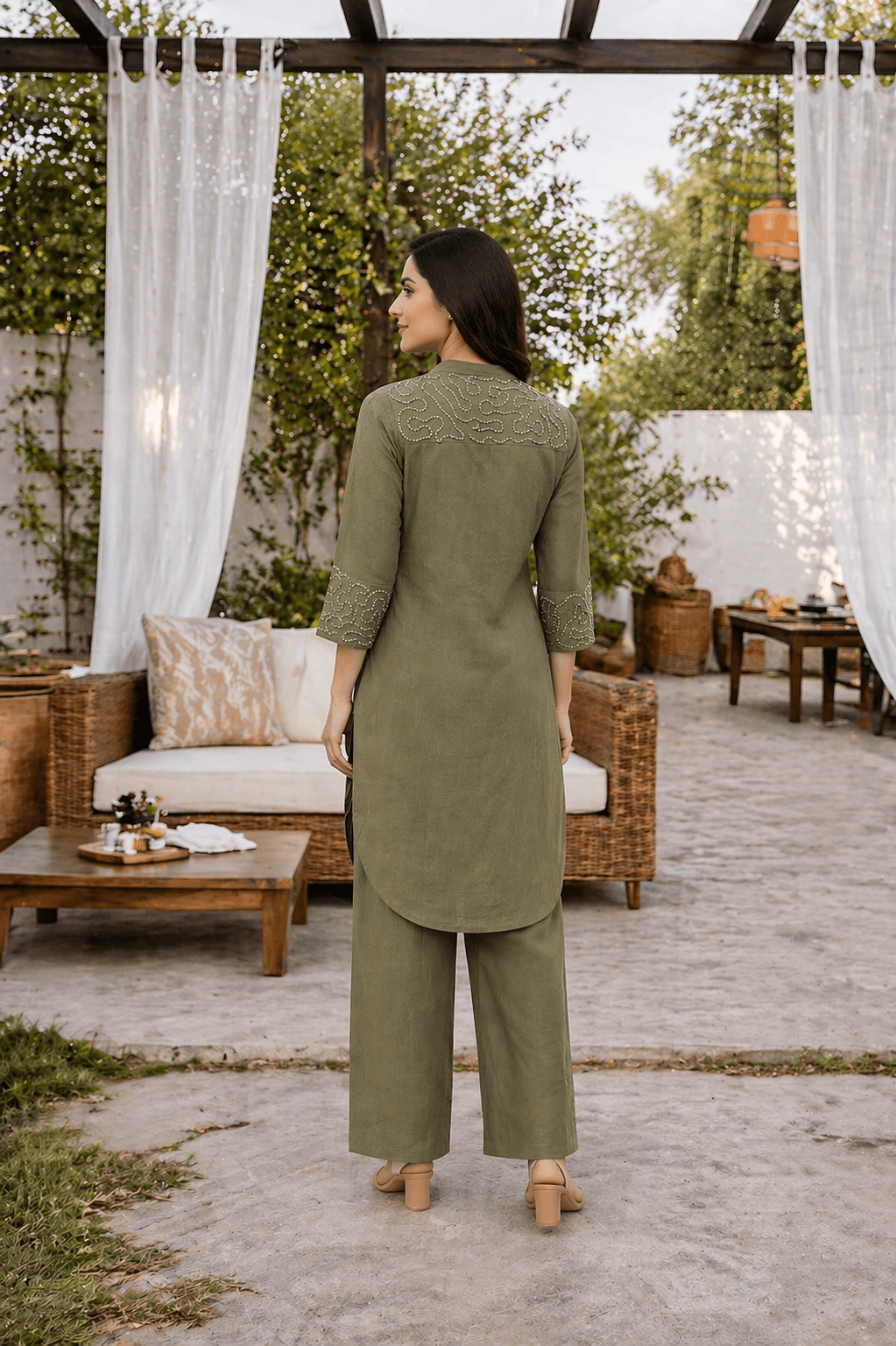 Olive Green Embroidered Co-ord Set - Freyaa USA & Canada