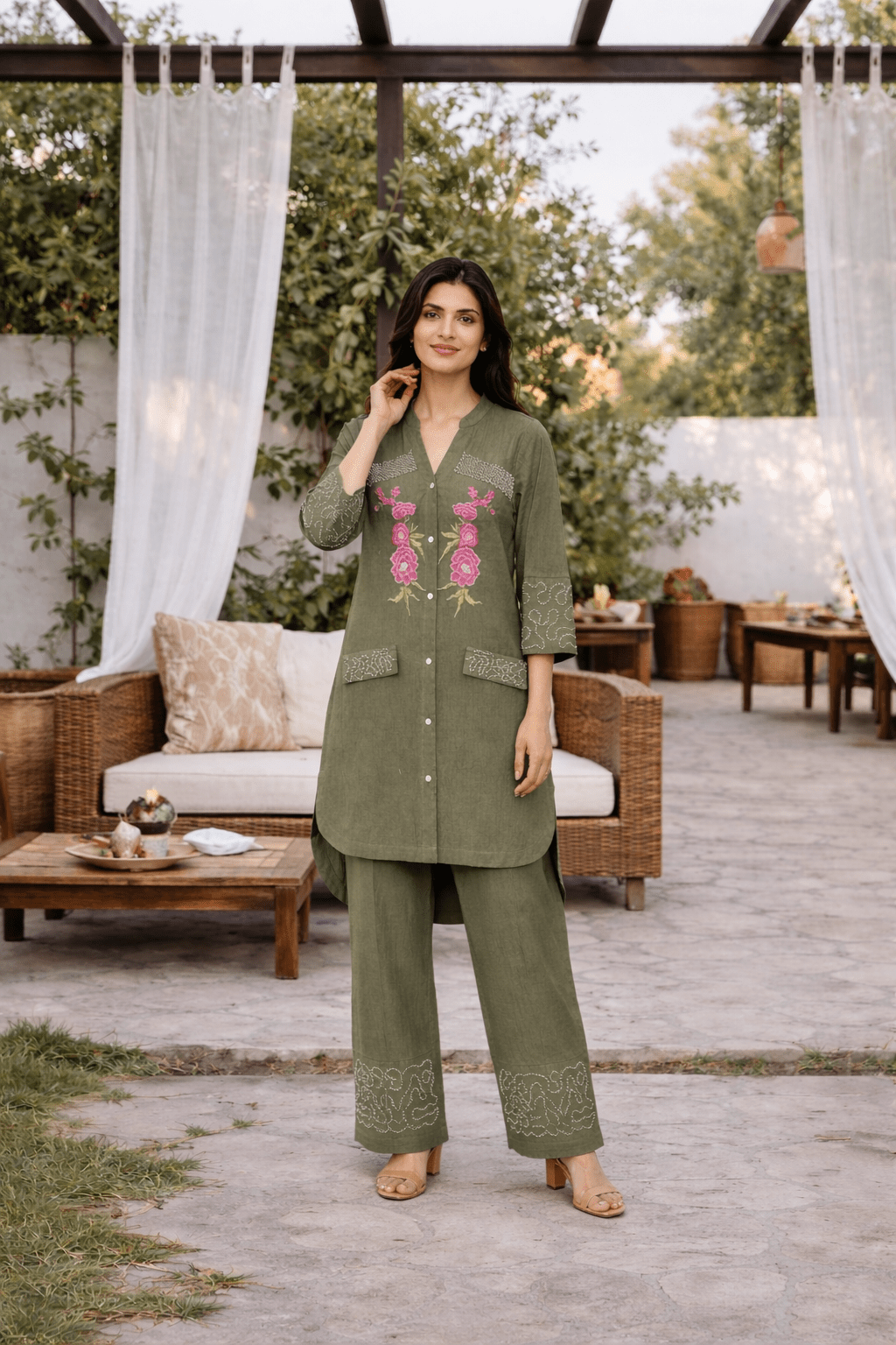 Olive Green Embroidered Co-ord Set - Freyaa USA & Canada