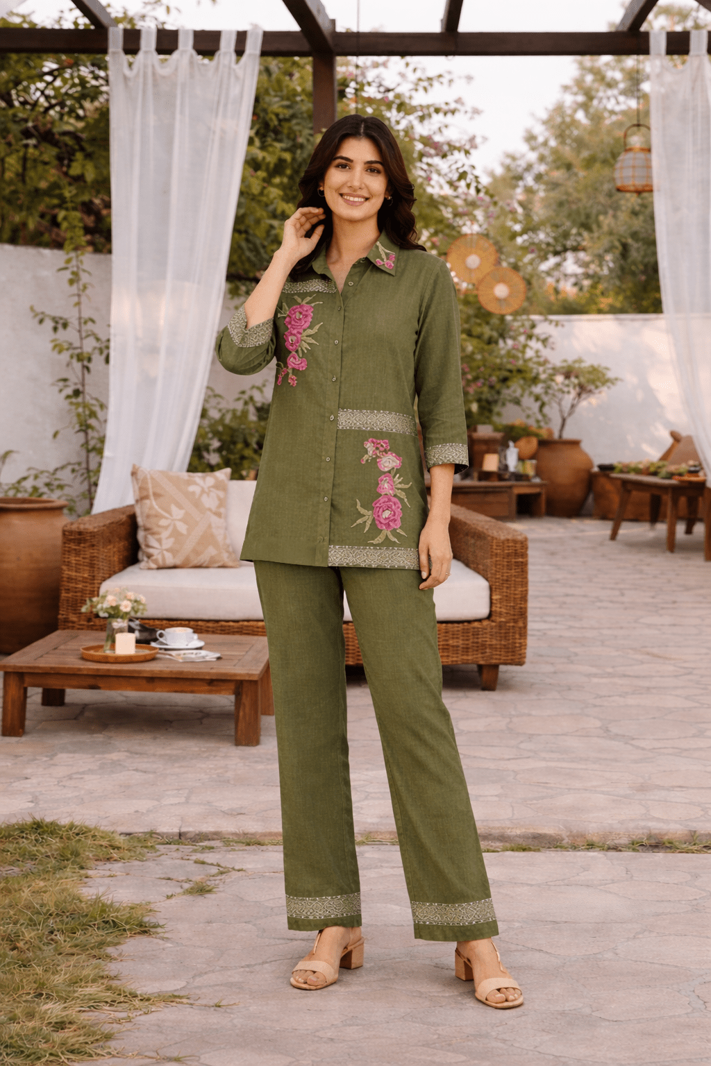 Olive Green Embroidered Co-ord Set with Straight Pants - Freyaa USA & Canada