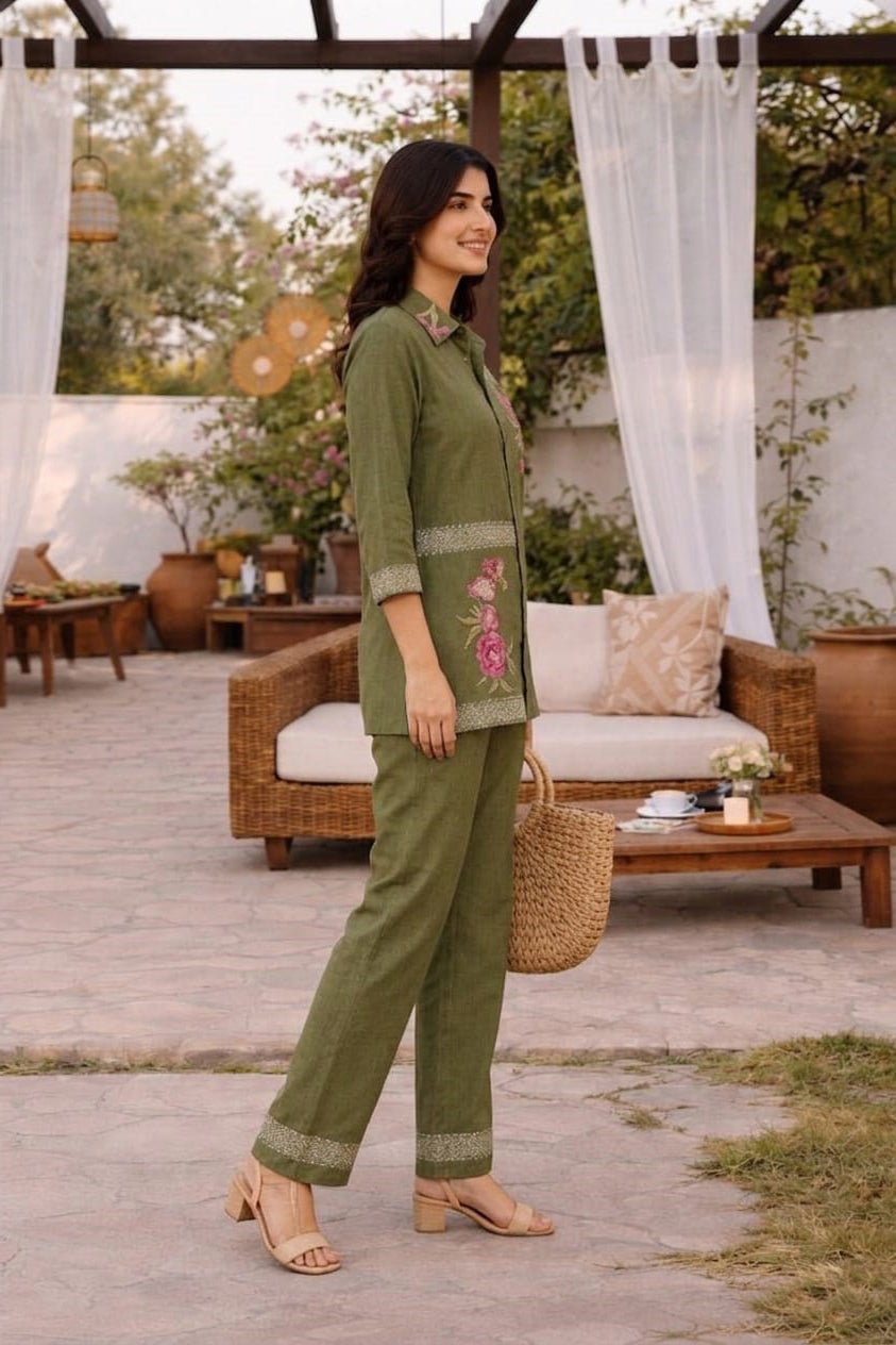 Olive Green Embroidered Co-ord Set with Straight Pants - Freyaa USA & Canada
