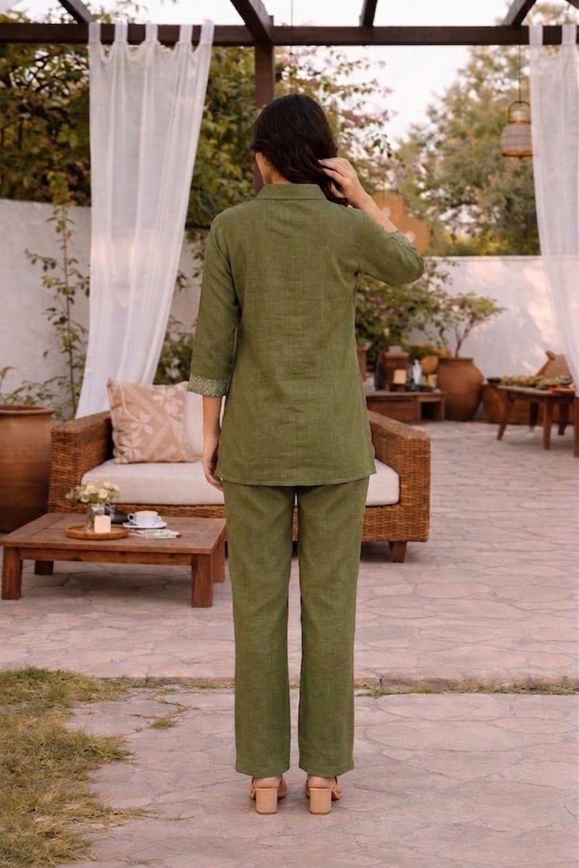 Olive Green Embroidered Co-ord Set with Straight Pants - Freyaa USA & Canada