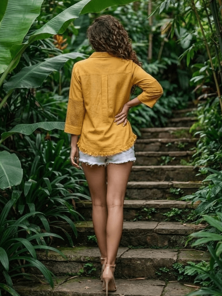 Mustard Yellow Printed Women's Shirt - Freyaa USA & Canada