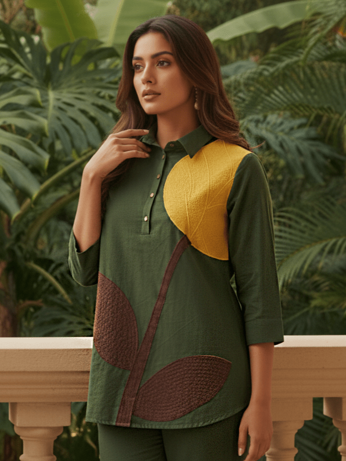 Green Cotton Co-ord Set with Leaf Print Design - Freyaa USA & Canada