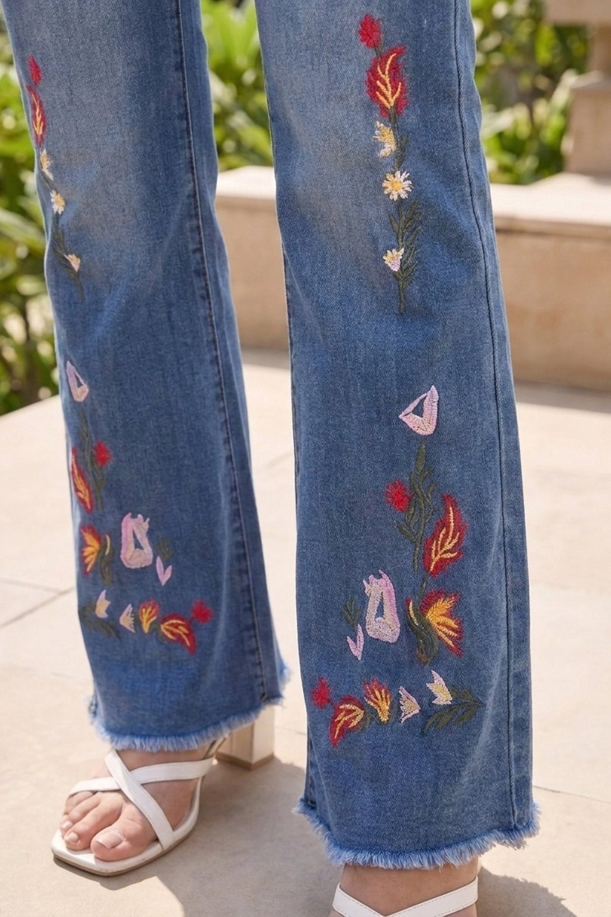 Floral Embroidered Straight long Denim - Freyaa USA & Canada