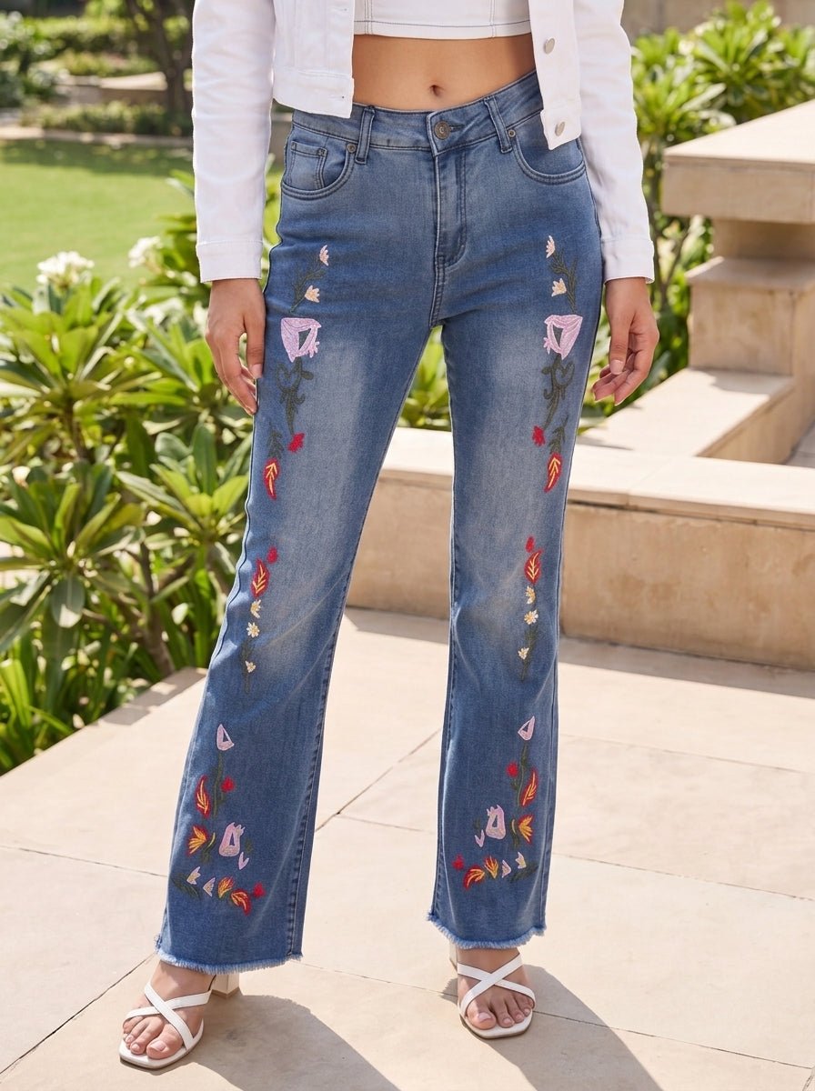 Floral Embroidered Straight long Denim - Freyaa USA & Canada