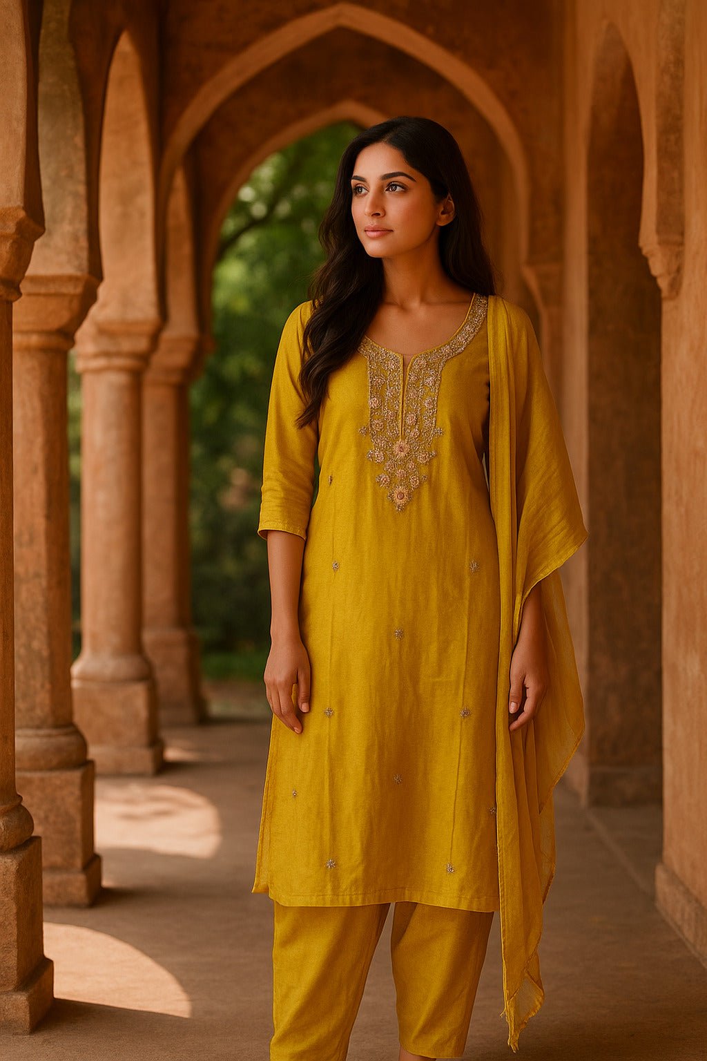Mustard Suit with Embroidery Work And Chiffon Dupatta - Freyaa USA & Canada