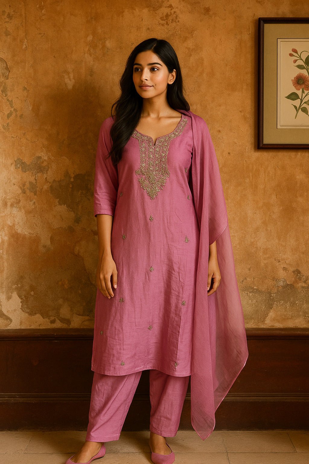 Purple Suit with Embroidery Work And Chiffon Dupatta - Freyaa USA & Canada