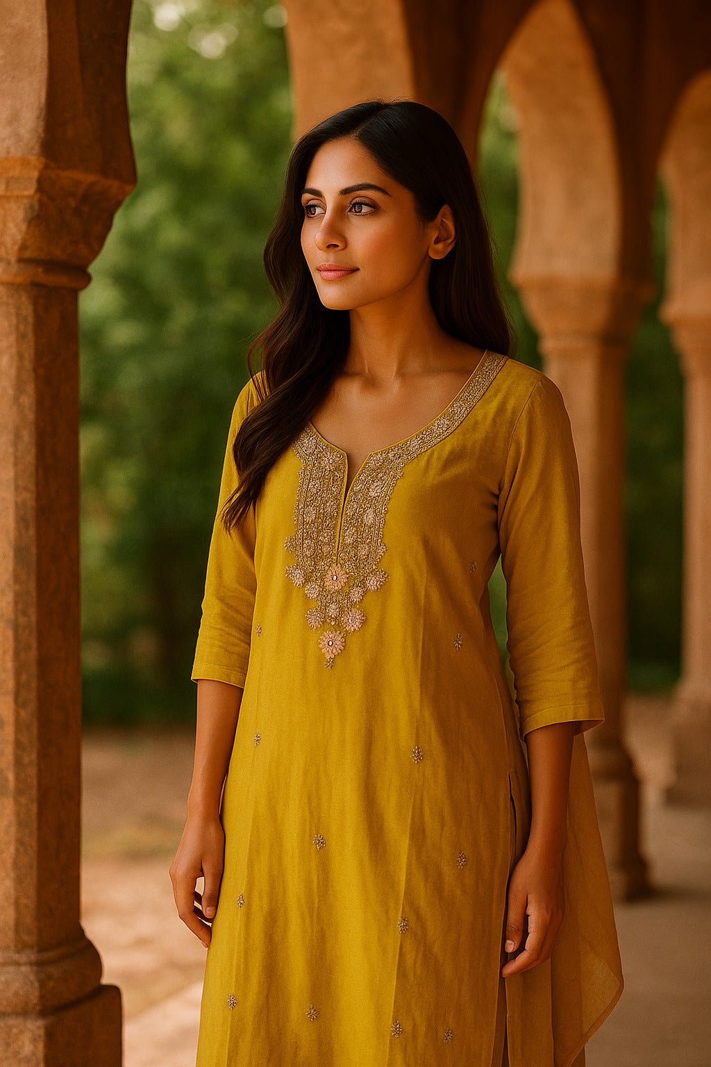 Mustard Suit with Embroidery Work And Chiffon Dupatta - Freyaa USA & Canada