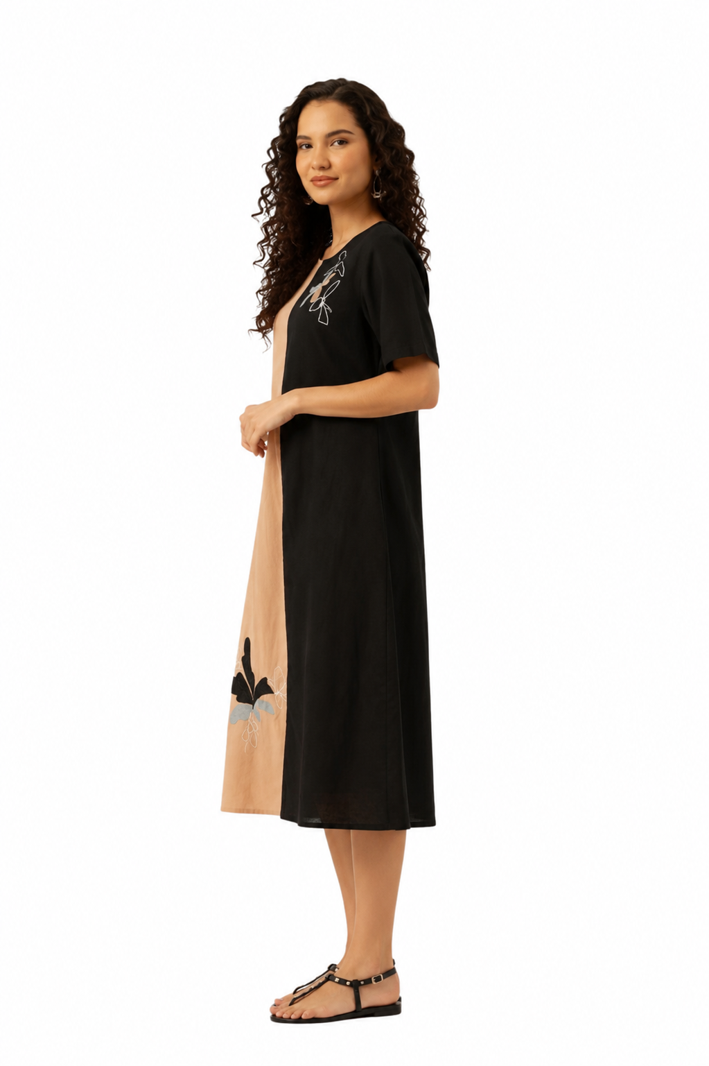 Beige Cotton Dress with Delicate Floral Motif