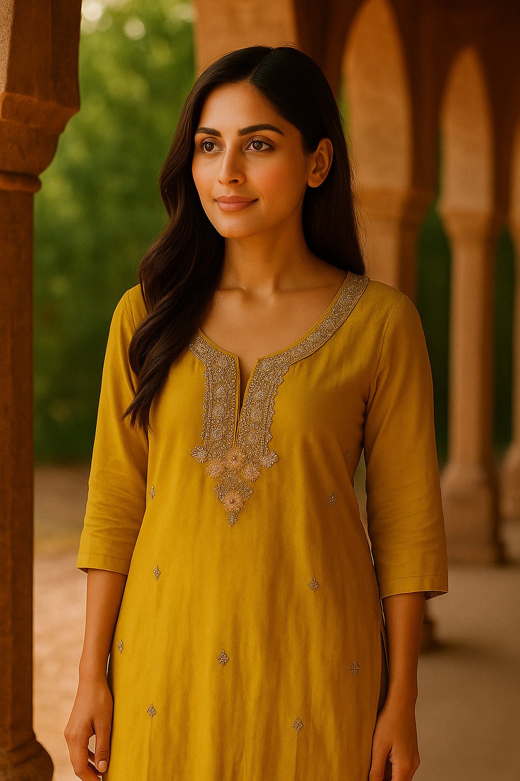 Mustard Suit with Embroidery Work And Chiffon Dupatta - Freyaa USA & Canada