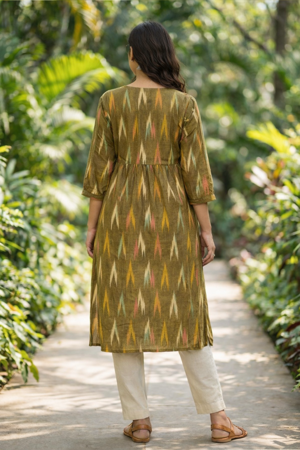 Greenish Yellow Multicolor Patterned Long Kurti - Freyaa USA & Canada