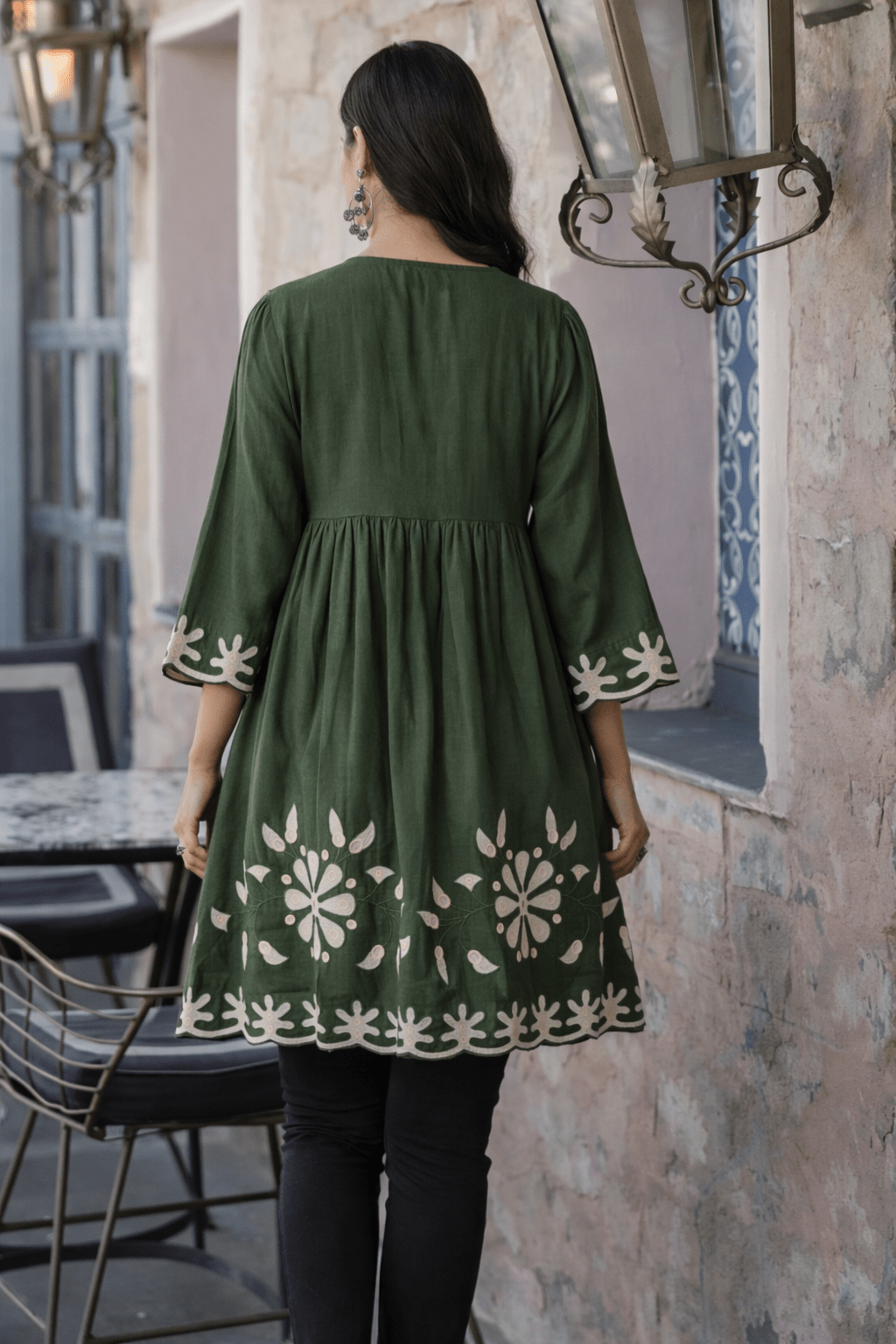Dark Green Bloom Cotton Neck Printed Tunic - Freyaa USA & Canada