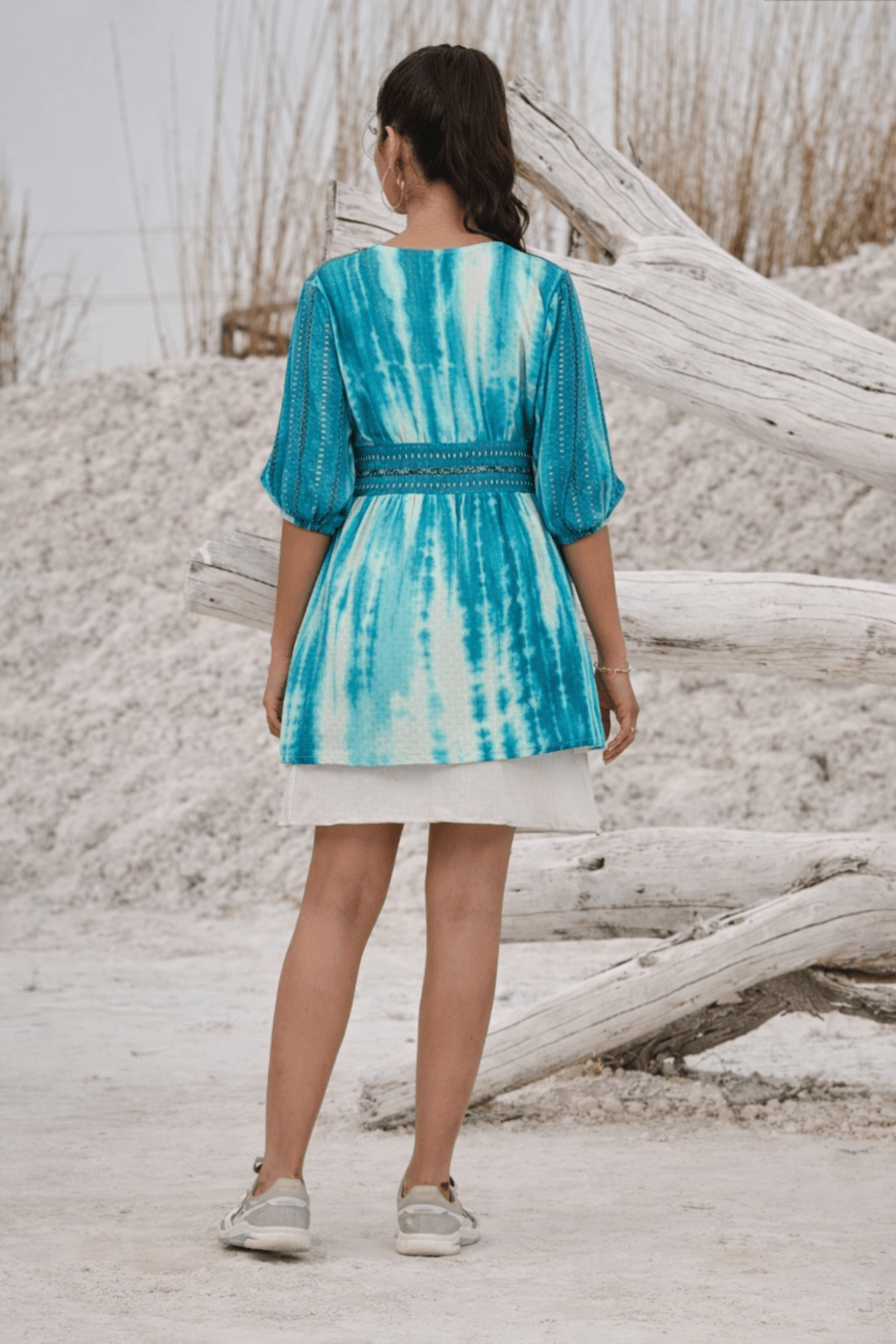 Tie- Dye Blue Tunic With Waist Belt Design - Freyaa USA & Canada