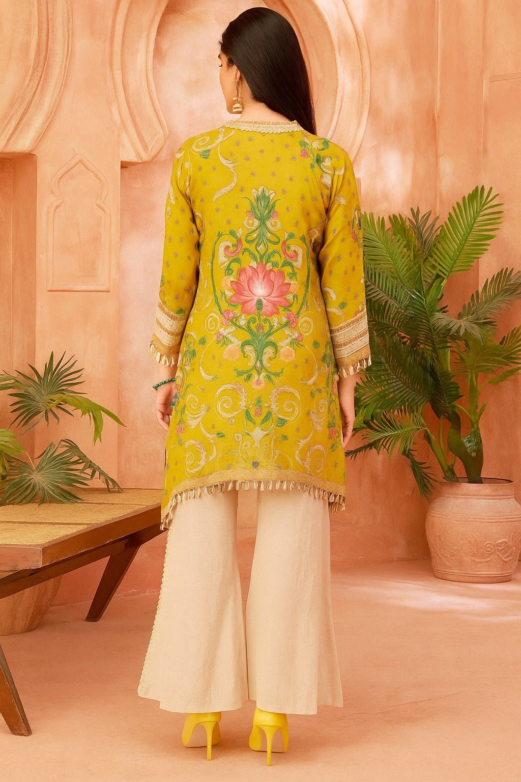 Embroidered Parrot Green Cord Set With Kodi Neckline with Beige Pants - Freyaa USA & Canada