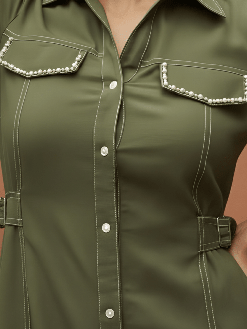 Olive Green Solid Denim Dress - Freyaa USA & Canada
