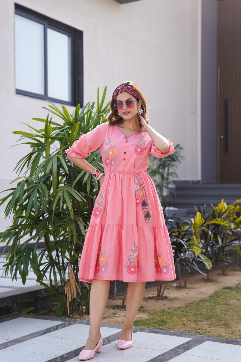 Charming Pink Tunic with Intricate Embroidery Handwork - Freyaa USA & Canada