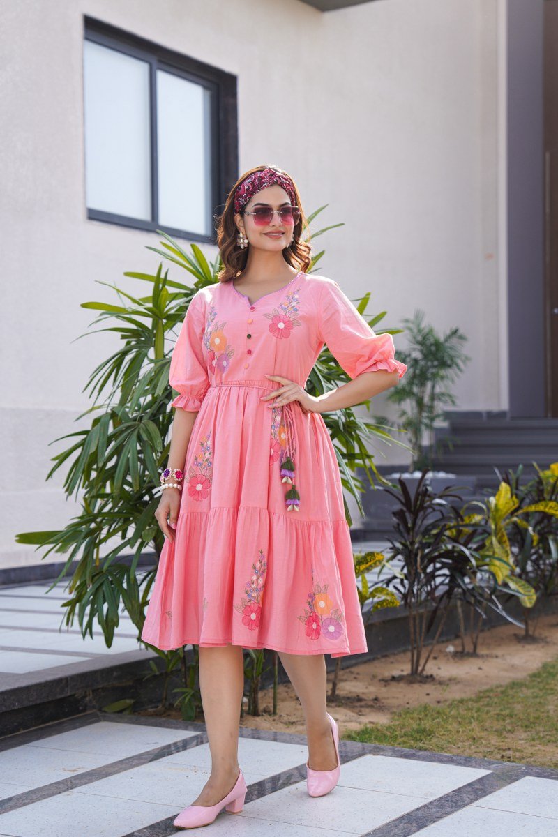 Charming Pink Tunic with Intricate Embroidery Handwork - Freyaa USA & Canada