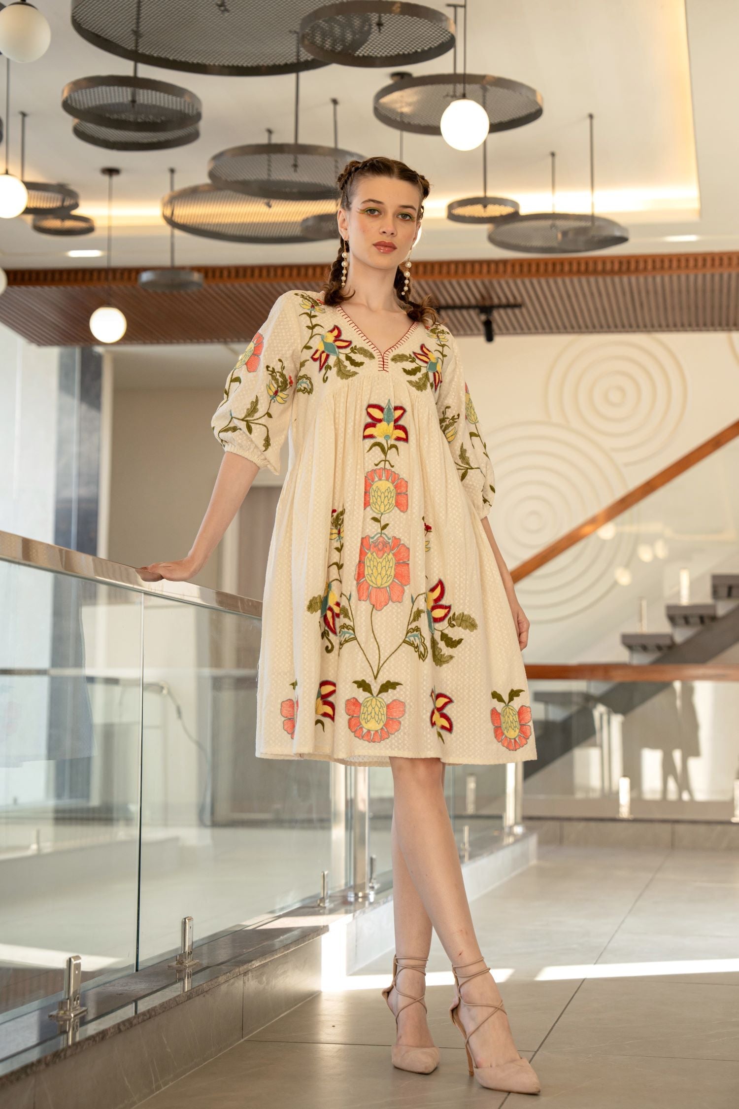 Cream Cotton V-Neck Tunic Top with Floral Embroidery