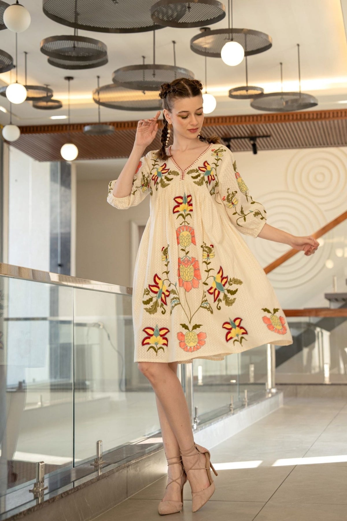 Cream Cotton V-Neck Tunic Top with Floral Embroidery - Freyaa USA & Canada