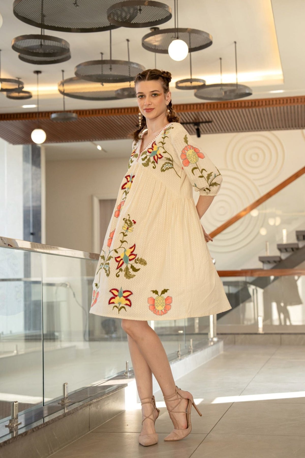 Cream Cotton V-Neck Tunic Top with Floral Embroidery - Freyaa USA & Canada