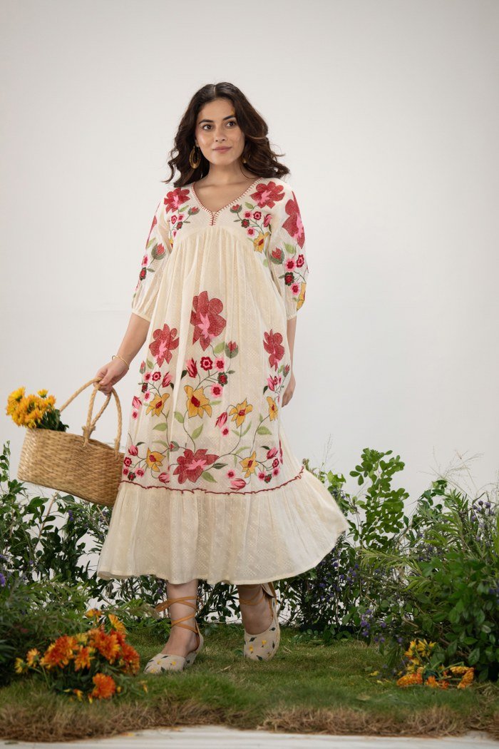 Off-White Long Dress with Handcrafted Floral Design - Freyaa USA & Canada
