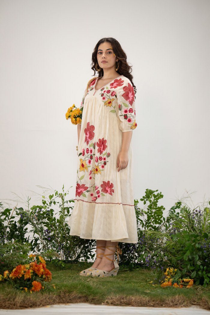 Off-White Long Dress with Handcrafted Floral Design - Freyaa USA & Canada